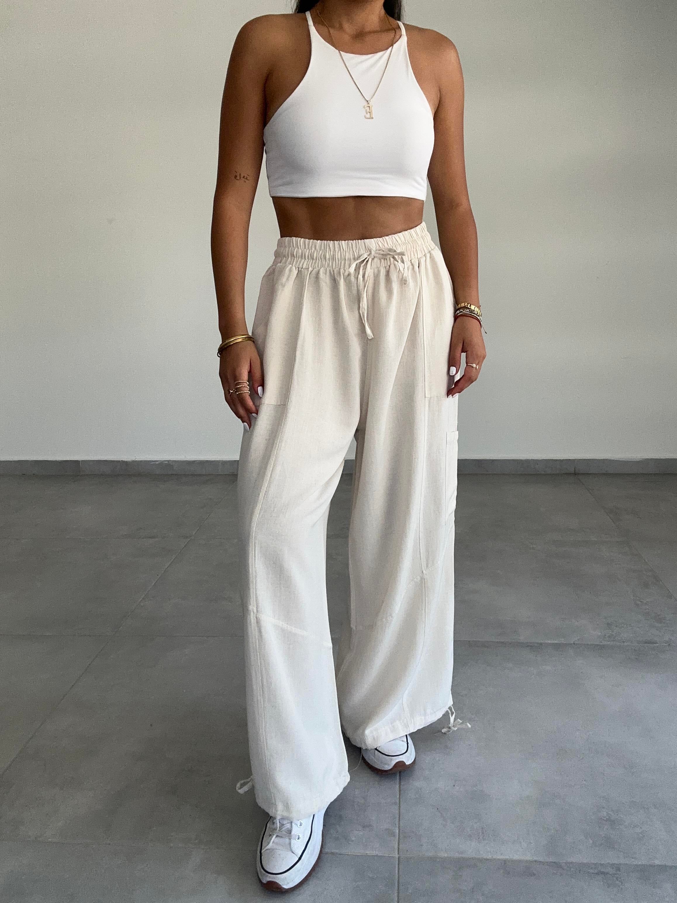 Sasha Bej Tasarım Keten Pantolon