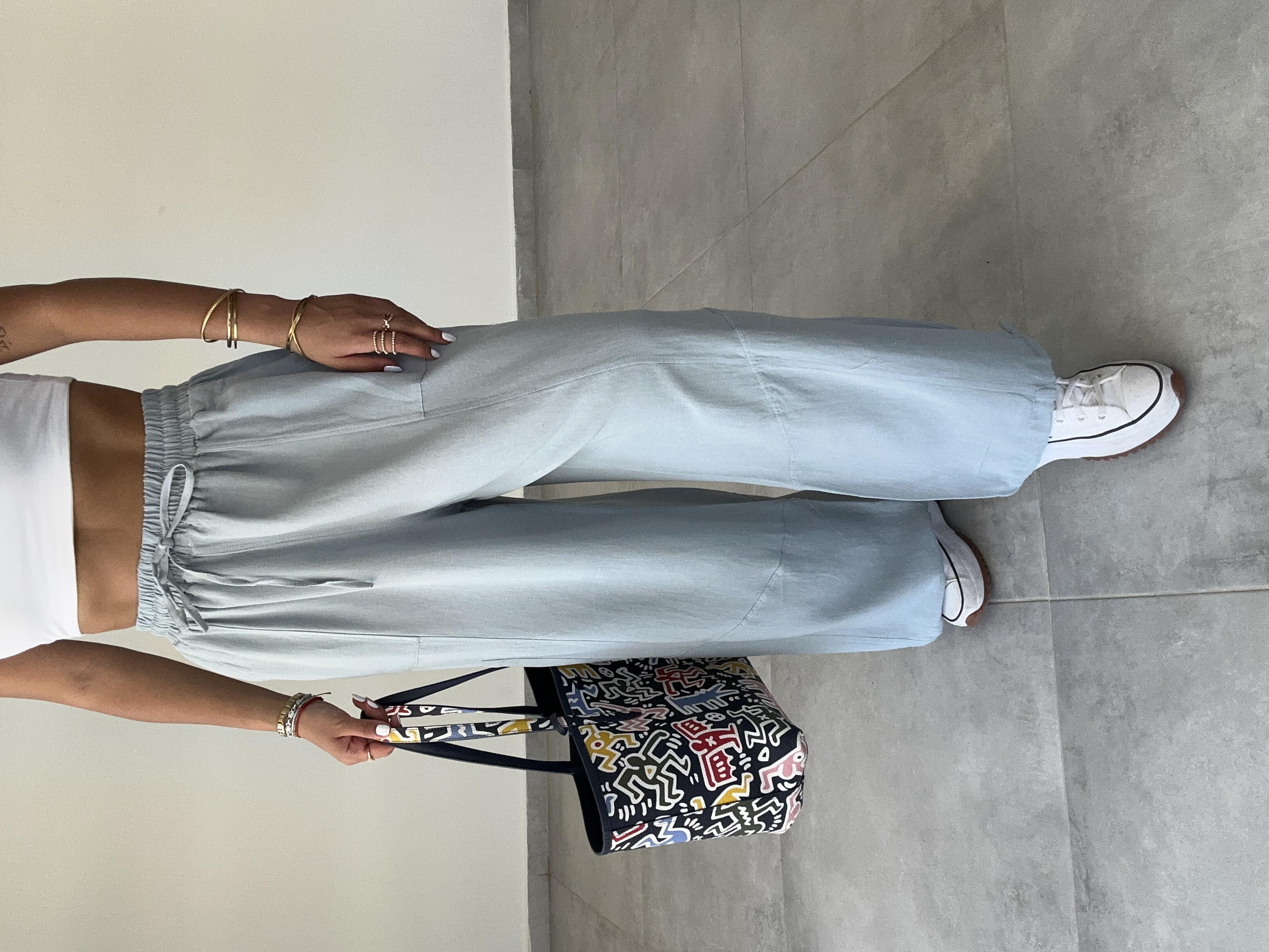 Sasha Mavi Tasarım Keten Pantolon