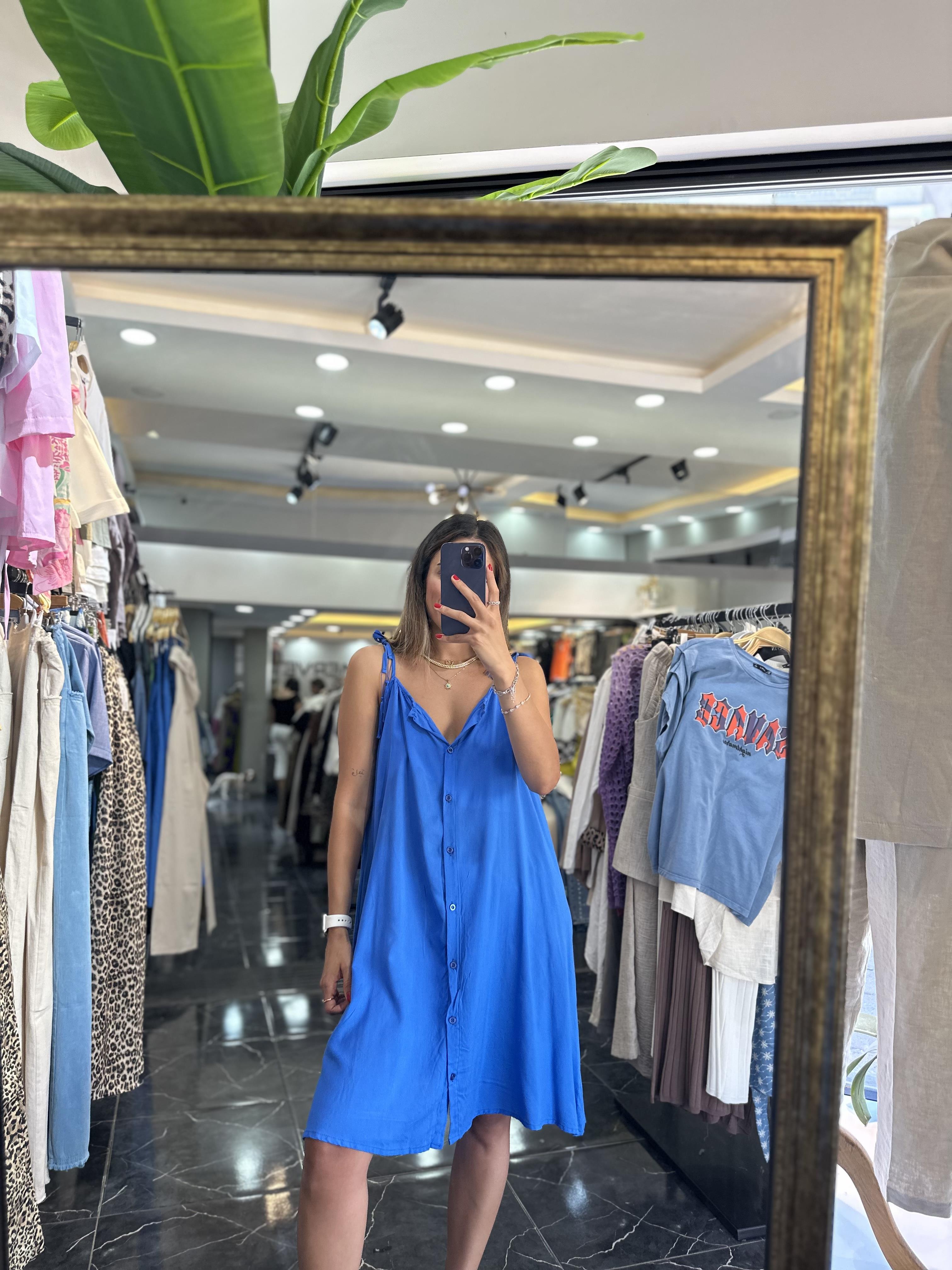 Sax Viskon Askılı Mini Elbise