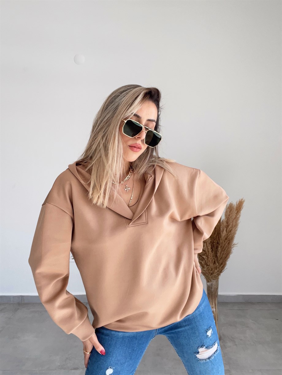 Scuba Kumaş Camel Kapşonlu Sweatshirt