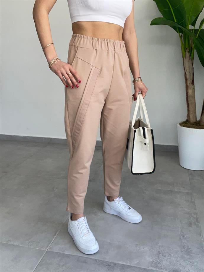 Şerit Detaylı Pantolon Kalıbında Camel Eşofman