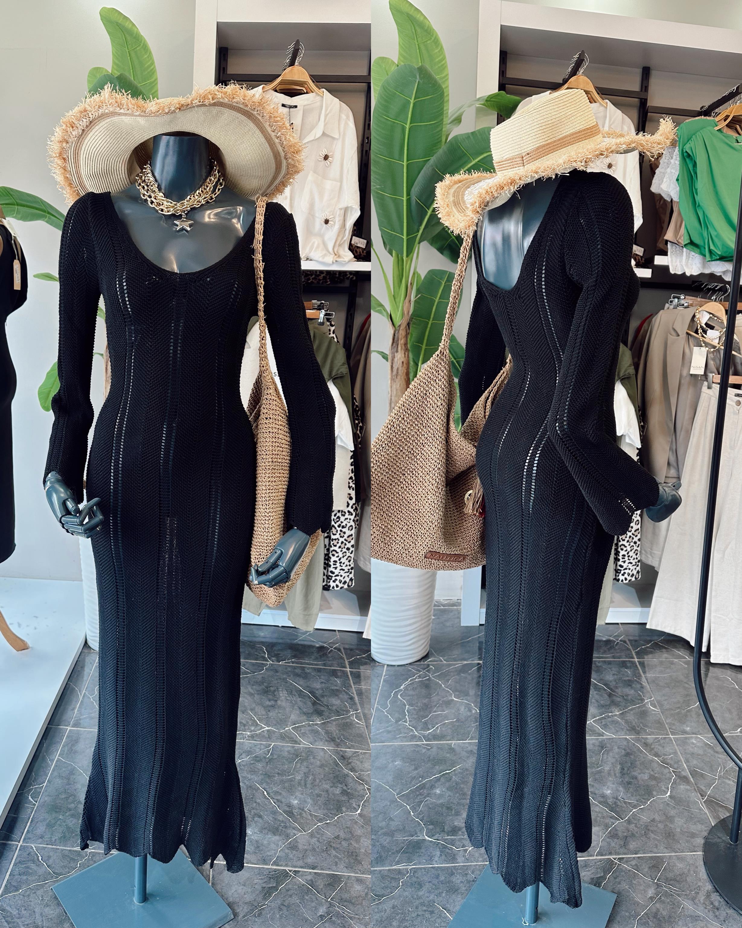 Siyah Ajurlu Triko Uzun Elbise