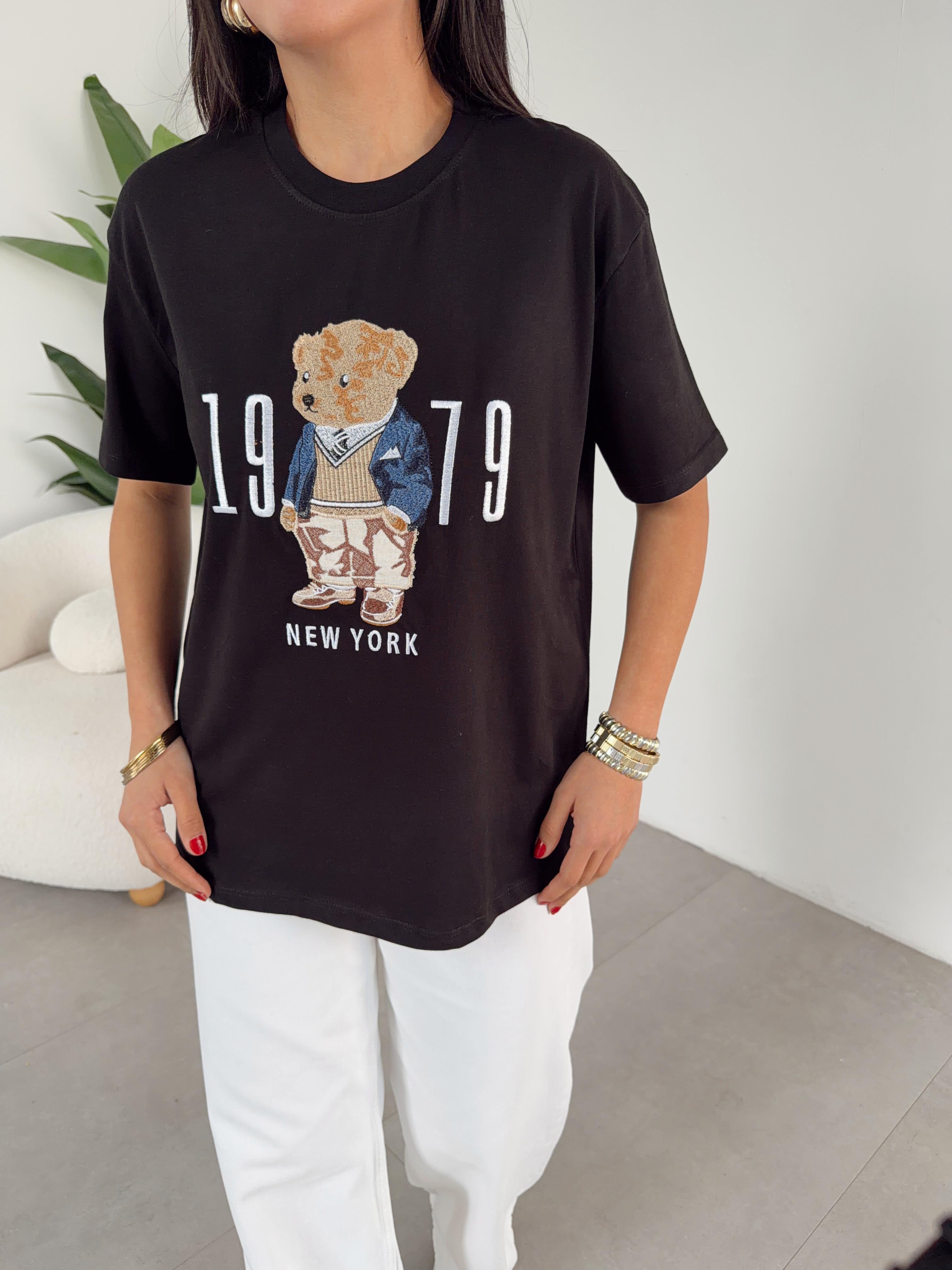 Siyah Ayıcık Baskılı Bisiklet Yaka Tshirt