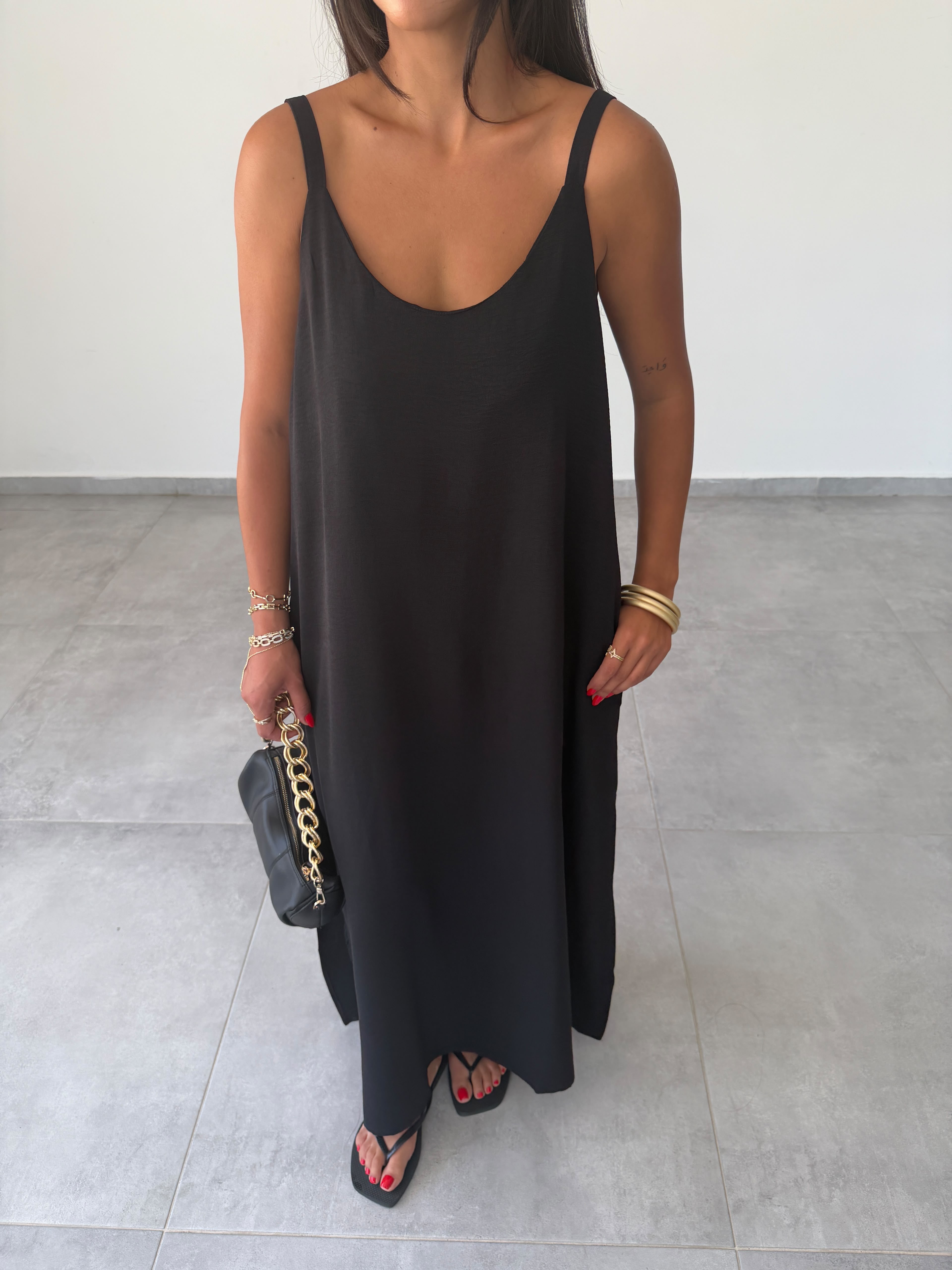 Siyah Ayrobin Maxi Boy Tela Askılı Elbise