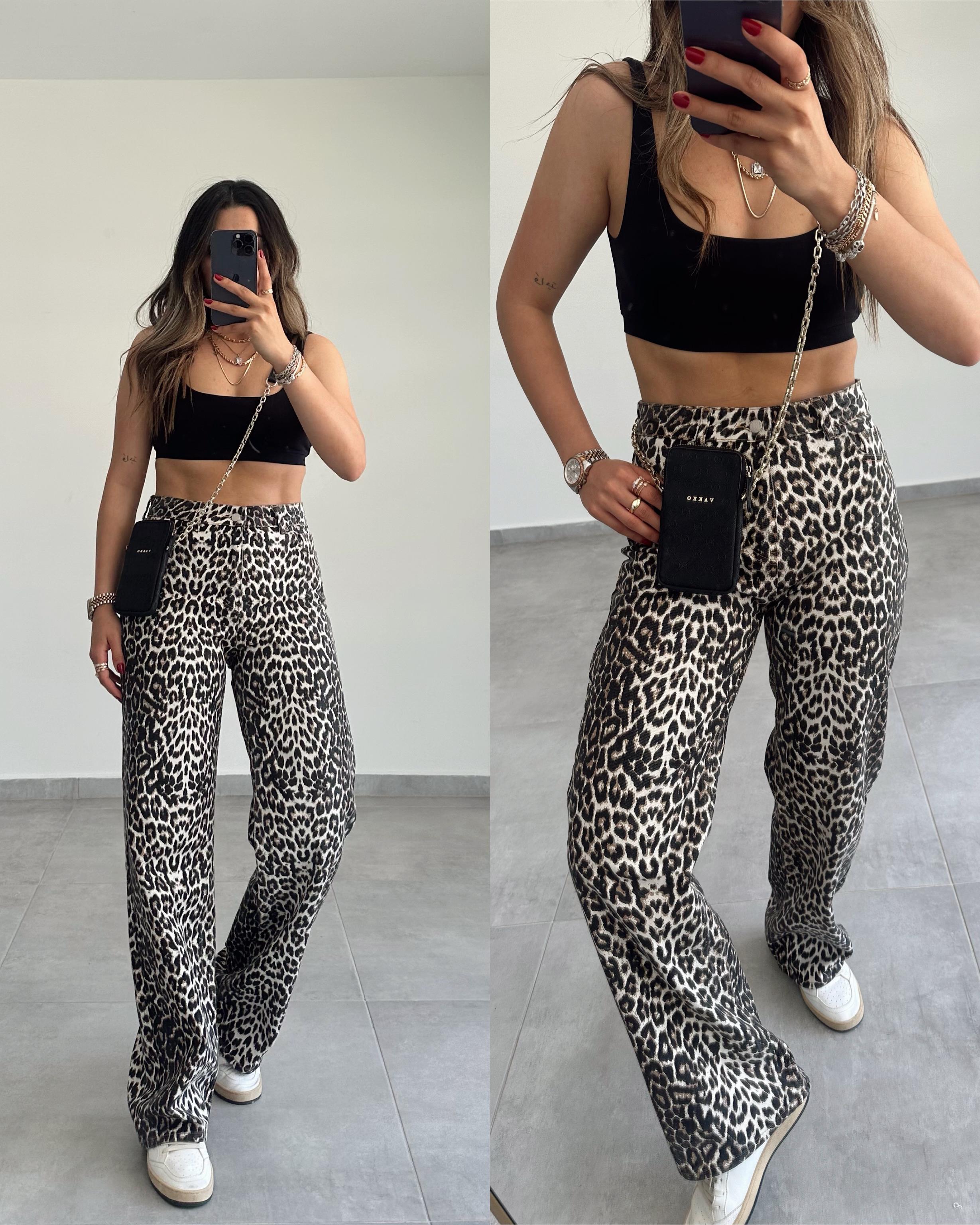 Siyah-Bej Leopar Desen Pantolon