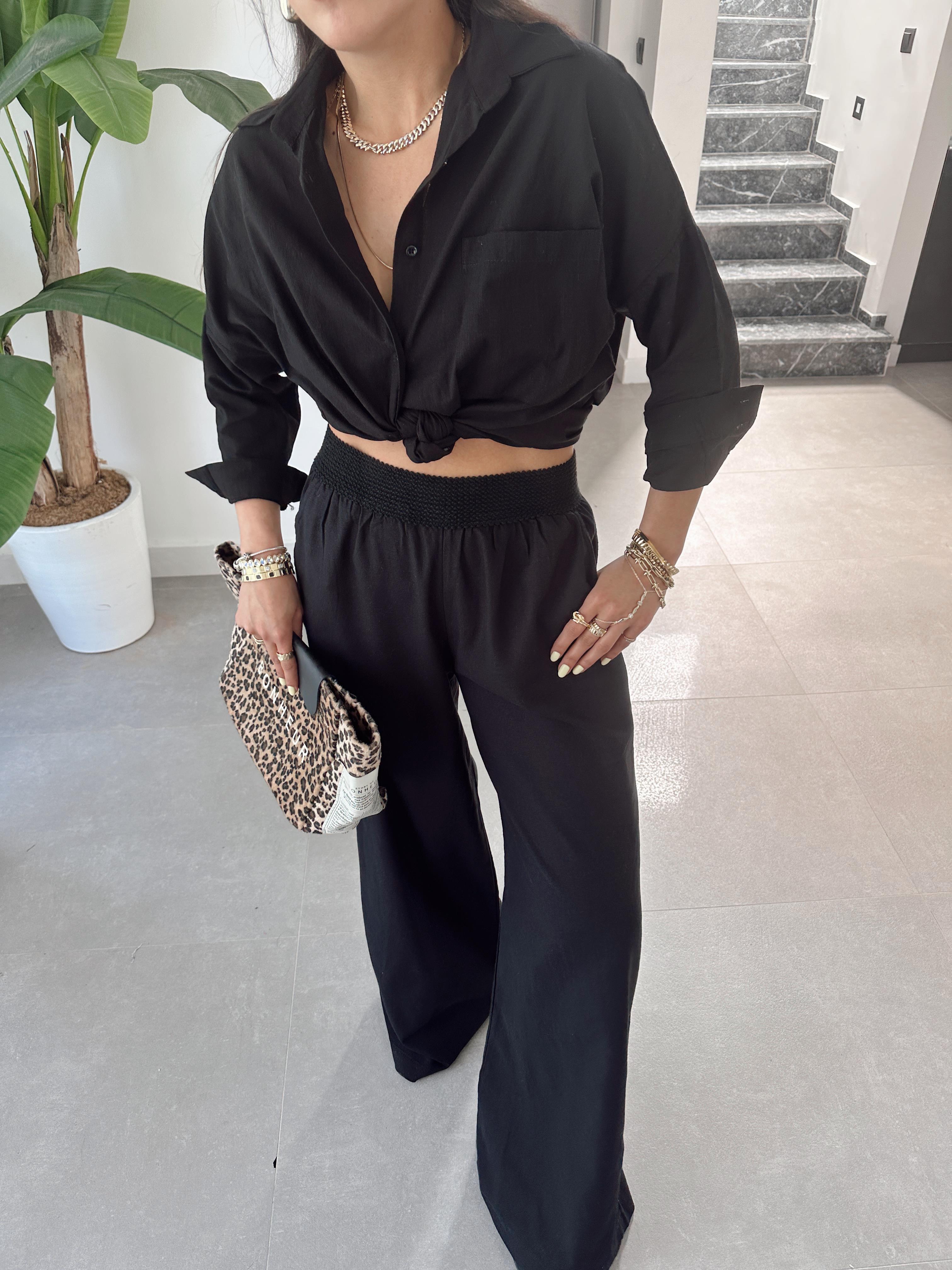 Siyah Beli Lastikli Bol Paça Pantolon