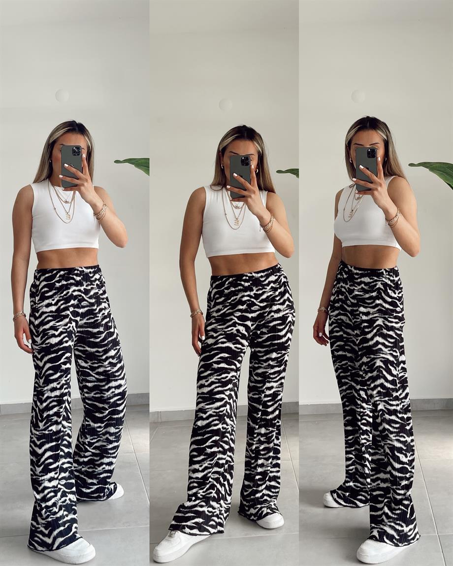 Siyah-Beyaz Desenli  Beli Lastikli Pantolon