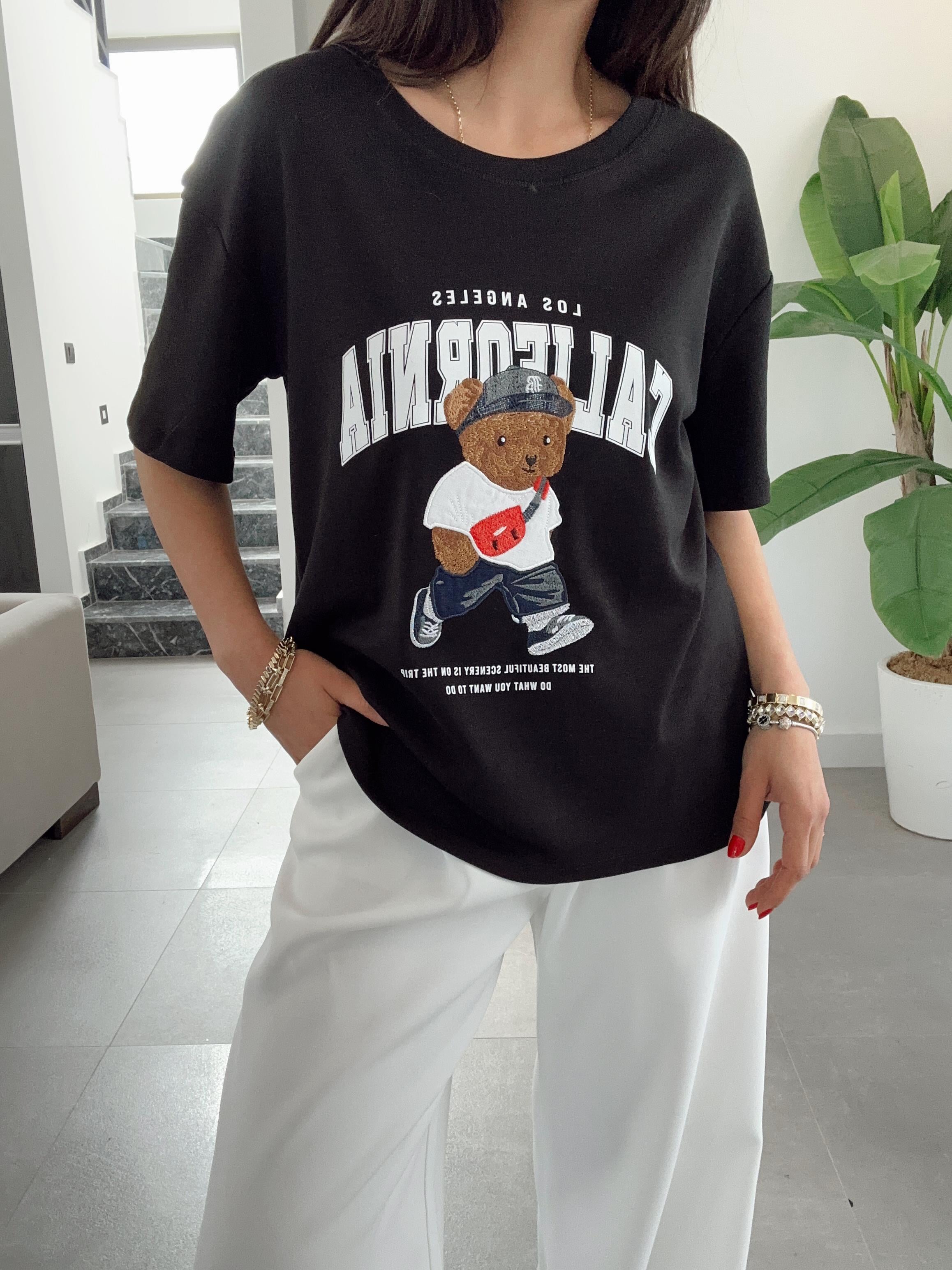 Siyah California Tedy Nakışlı Tshirt