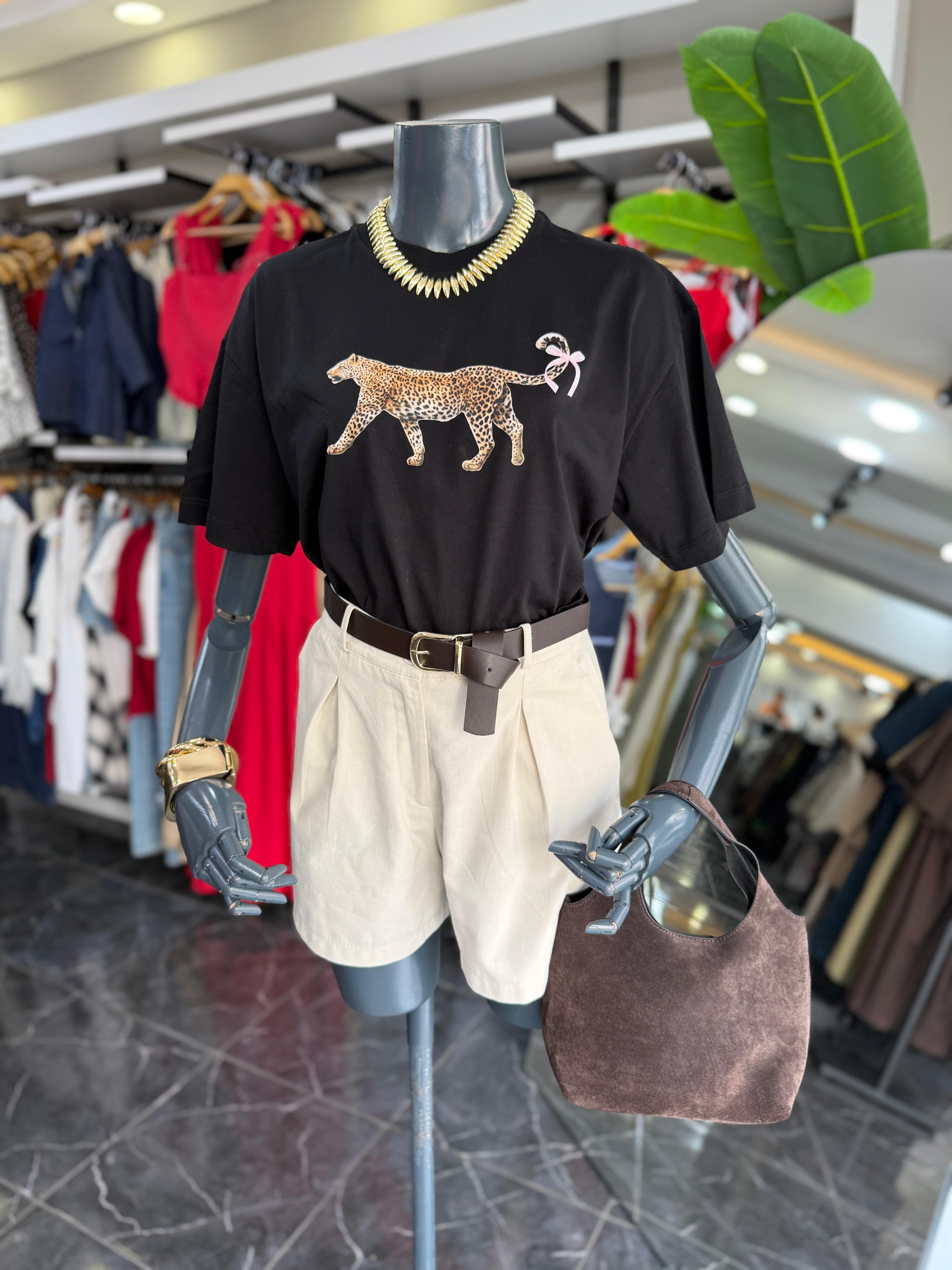Siyah Çita Baskı Tshirt