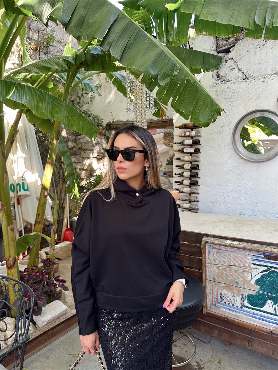 Siyah Çıtçıt Detaylı Kapşonlu Sweatshirt