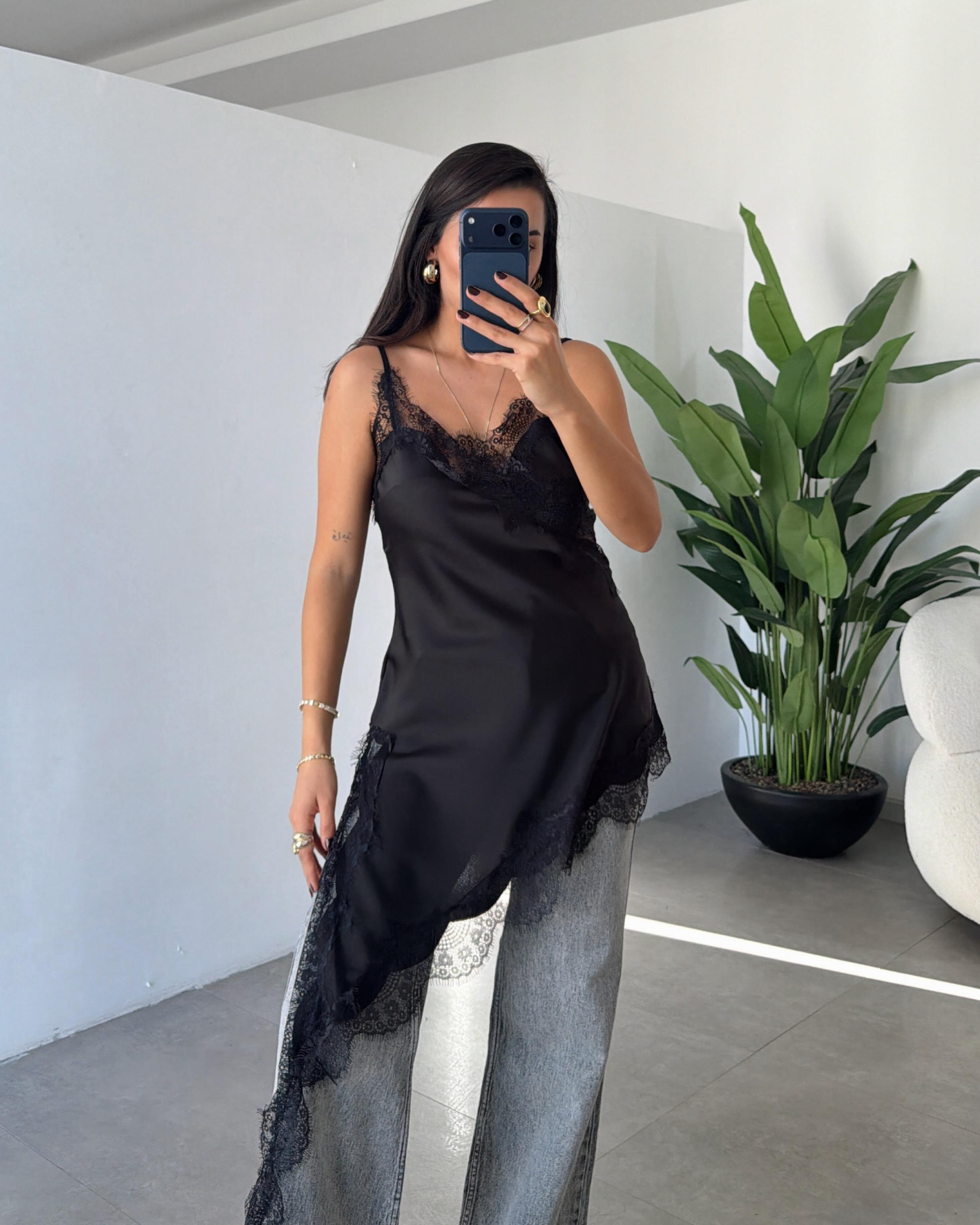 Siyah Dantel Bluz Agno