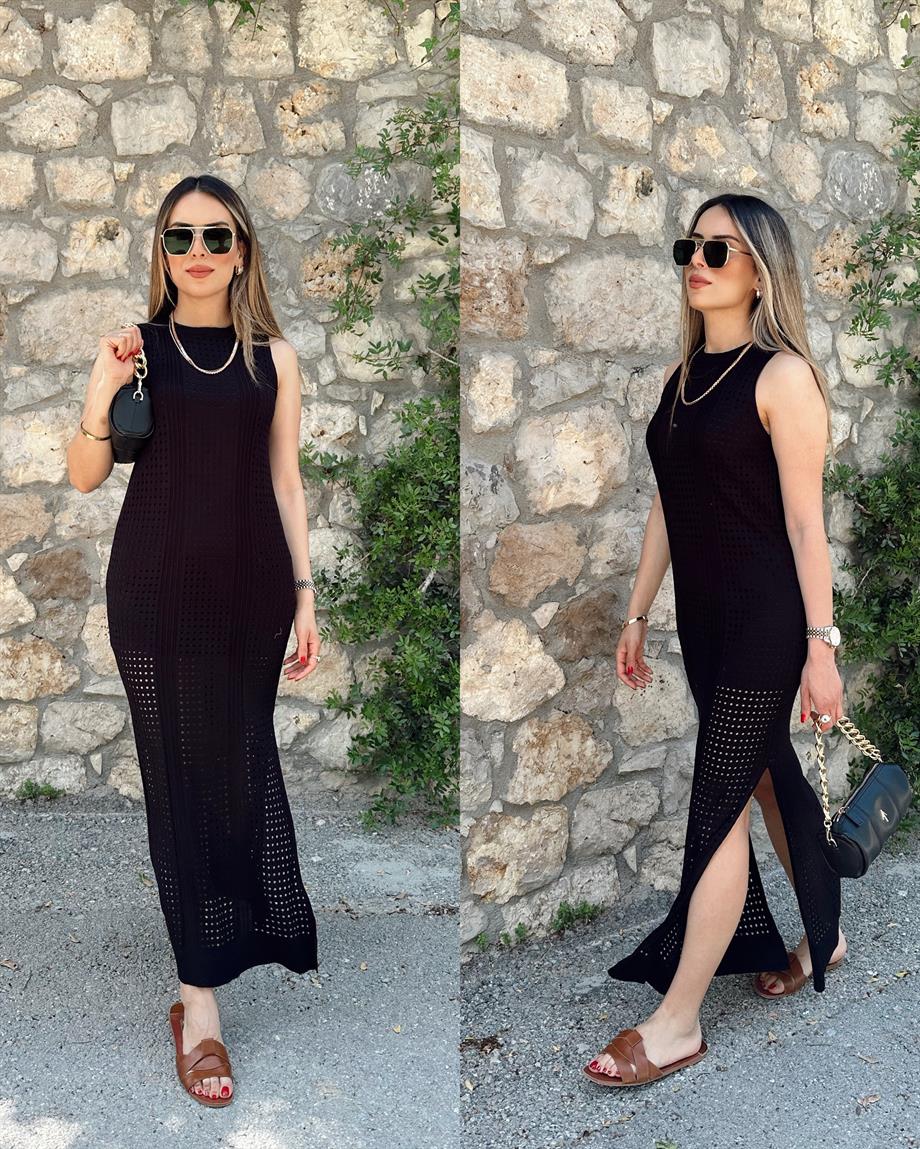 Siyah Delikli Yırtmaçlı Elbise