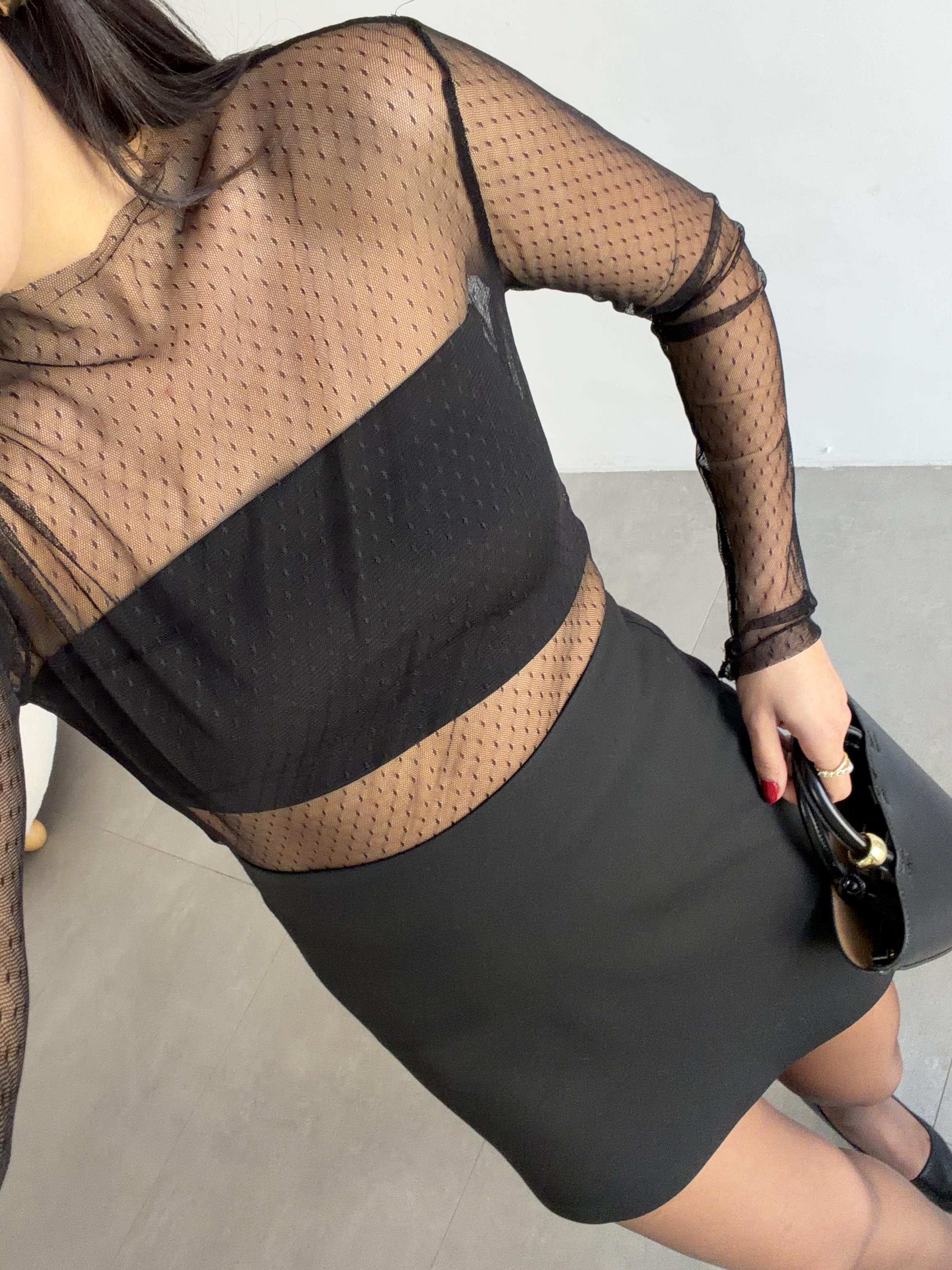 Siyah Desenli Transparan Bluz