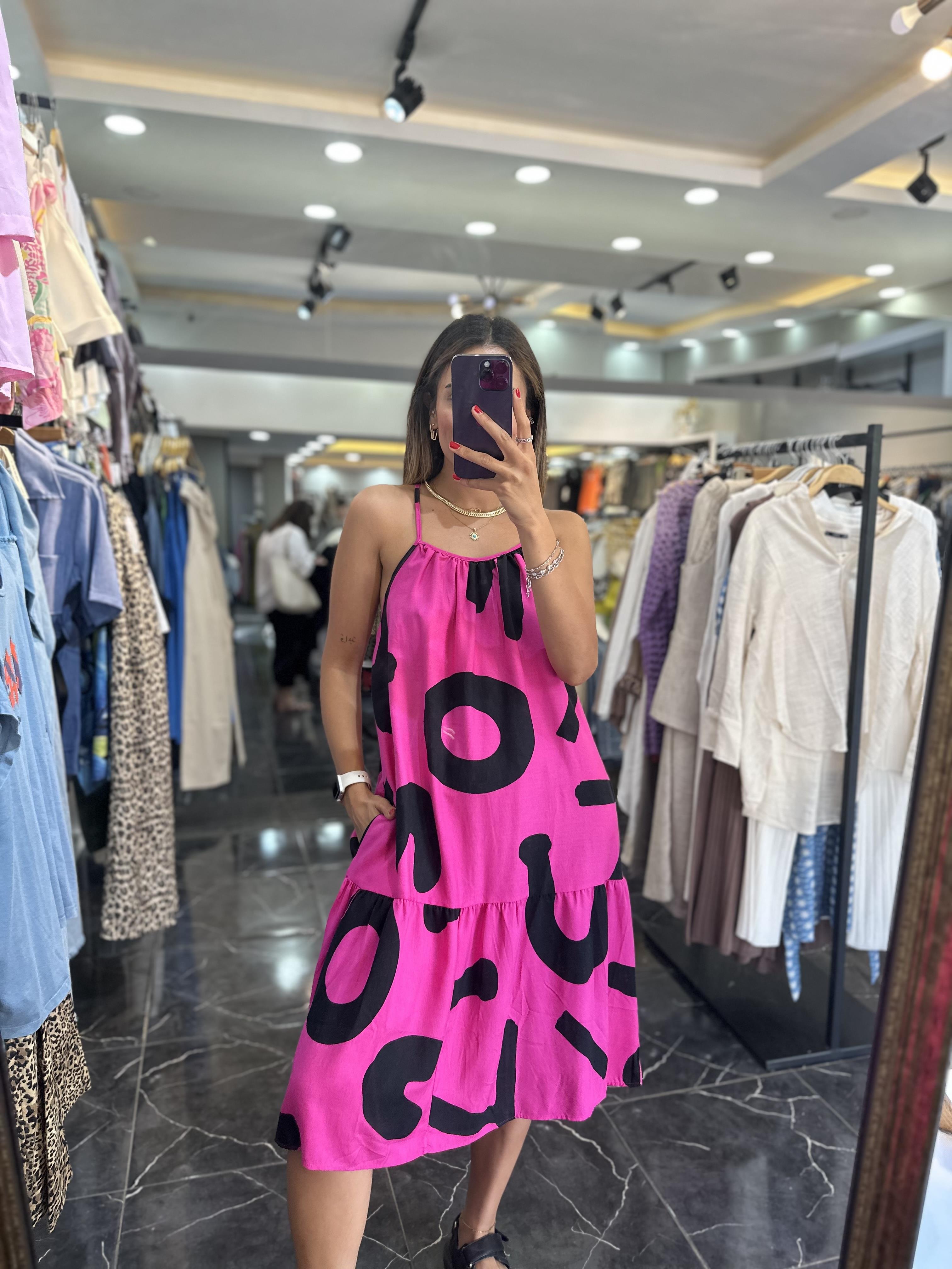 Siyah-Fuşya Viskon Sırt Çapraz Kısa Elbise