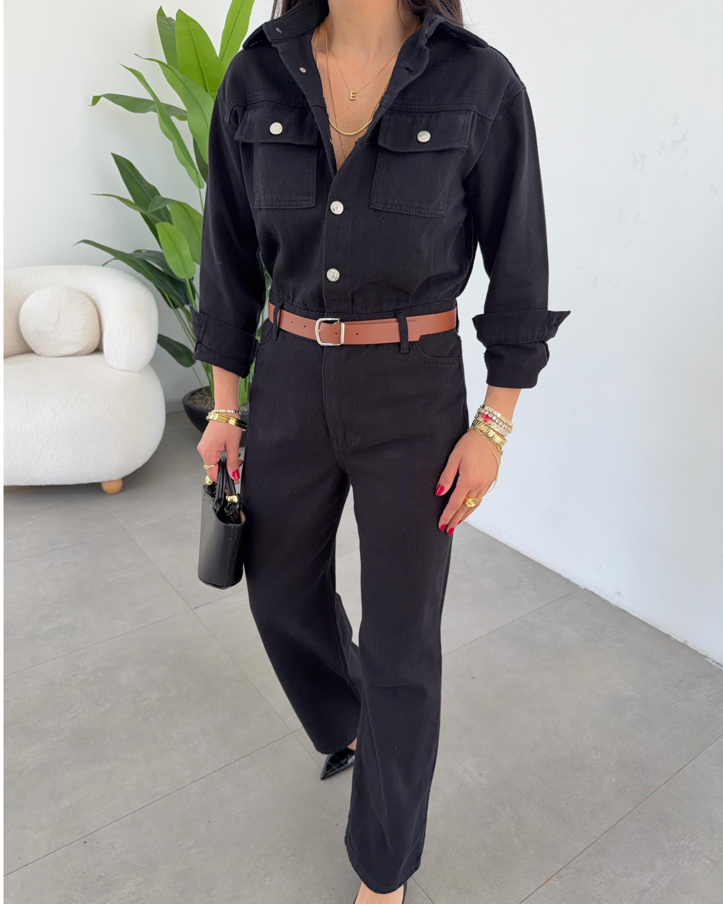 Siyah Gabardin Kemerli Tulum