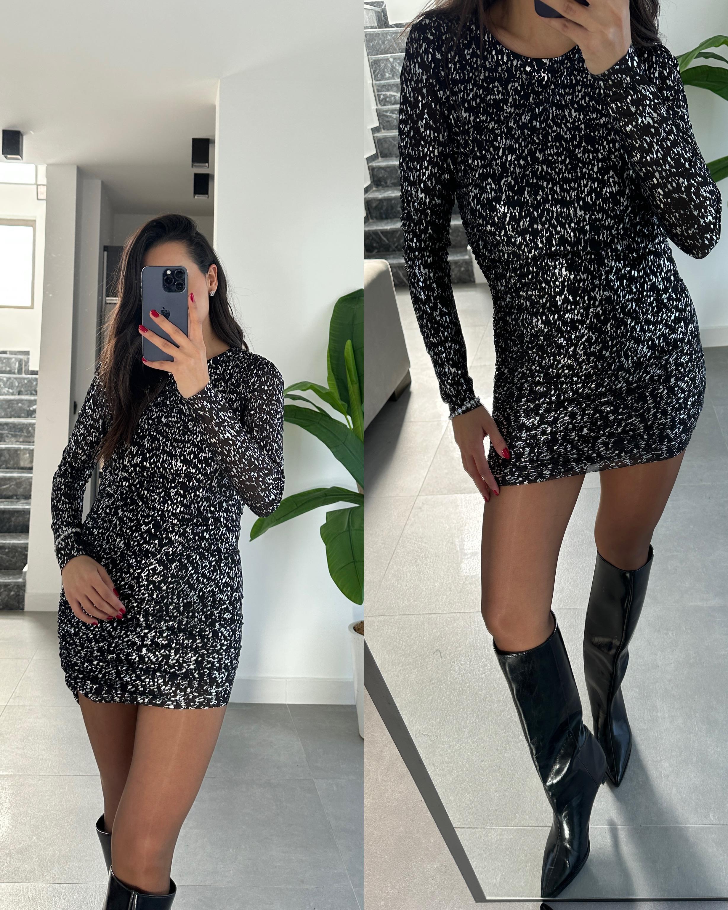 Siyah-Gümüş Dar Tül Elbise