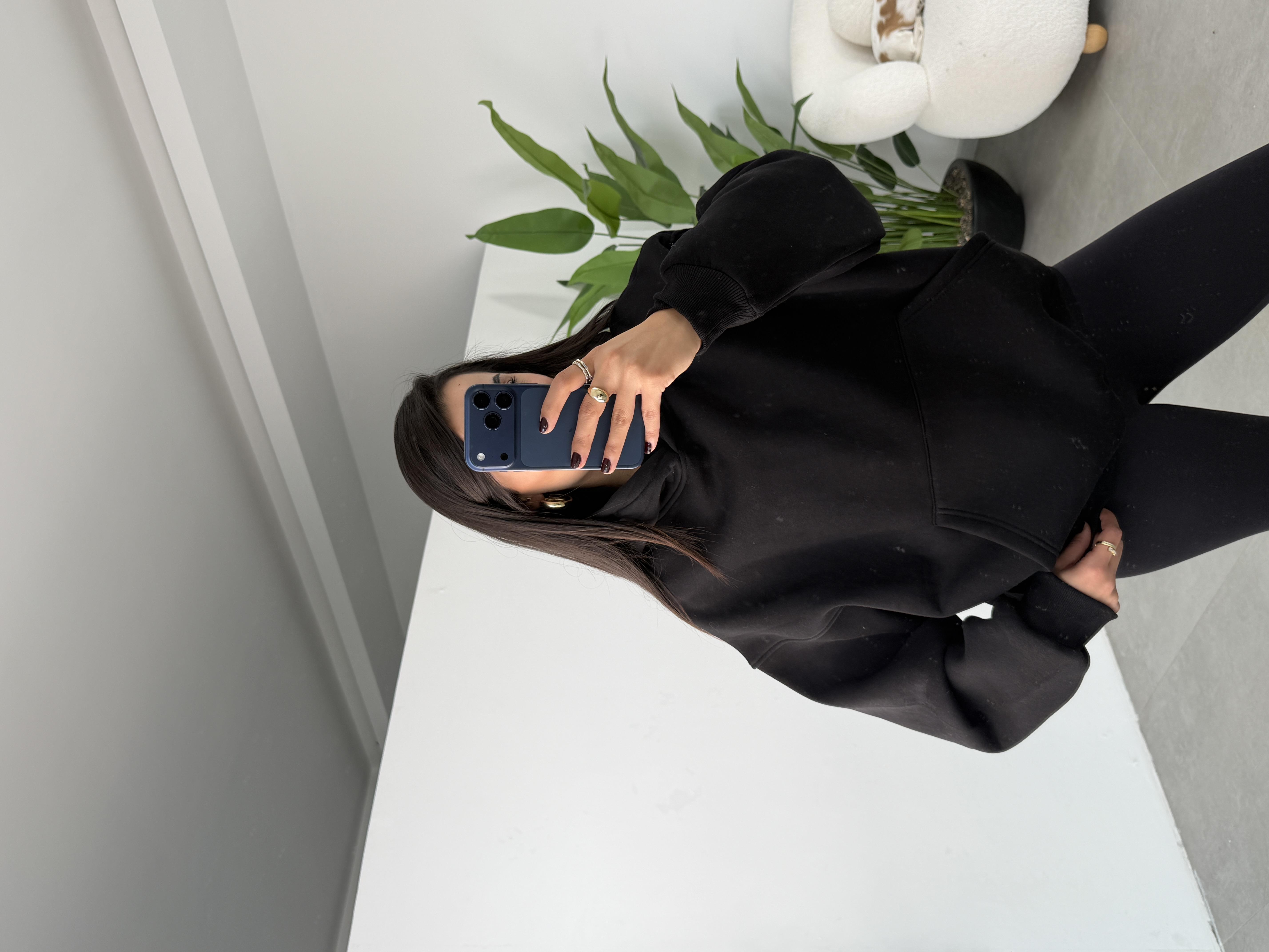 Siyah İçi Şardonlu Kapşonlu Sweatshirt