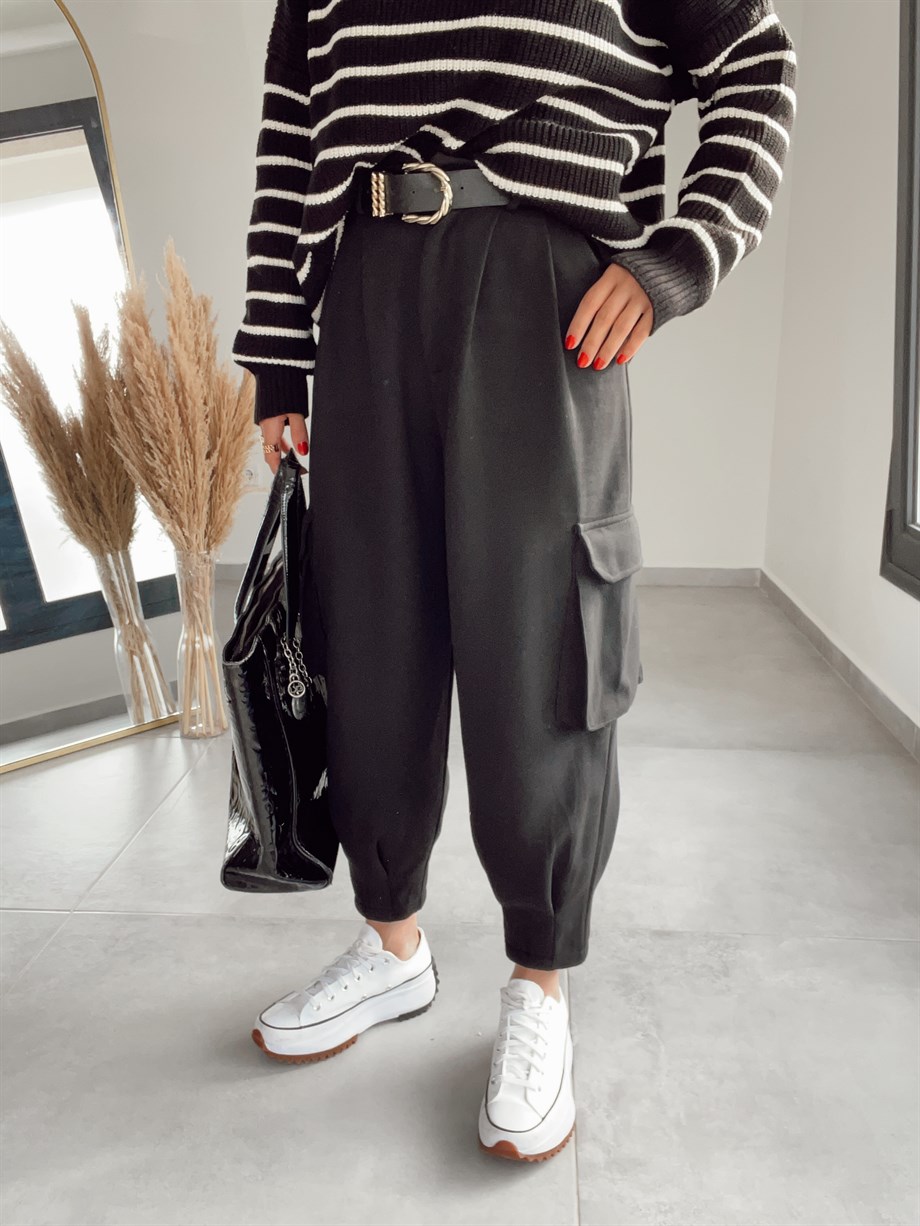 Siyah Kargo Cepli Pantolon