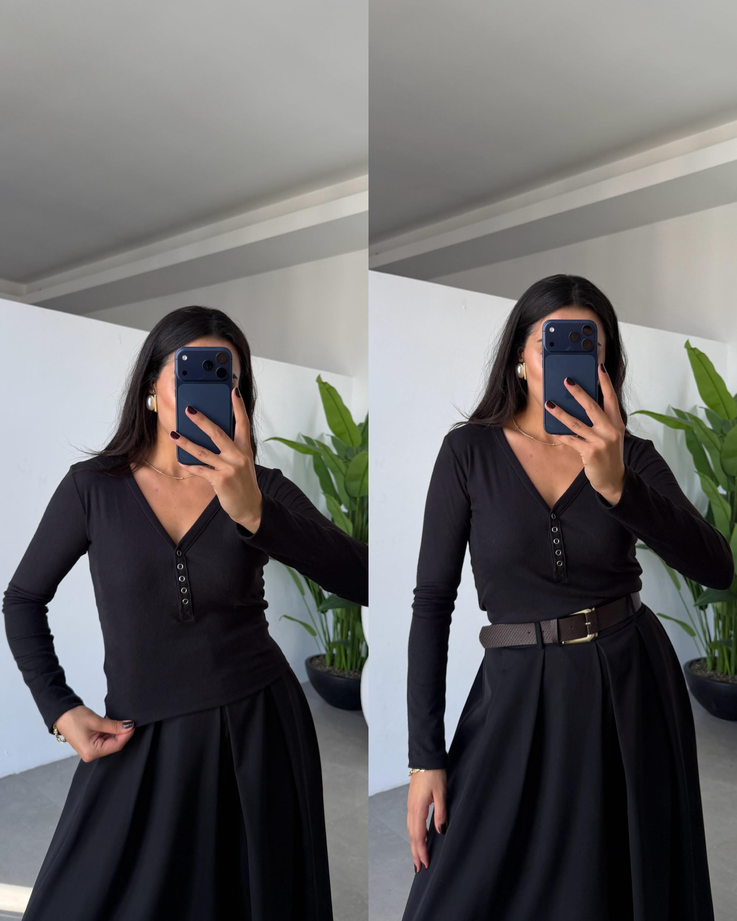 Siyah Kaşkorse Ön Çıtçıtlı Uzun Kol Body