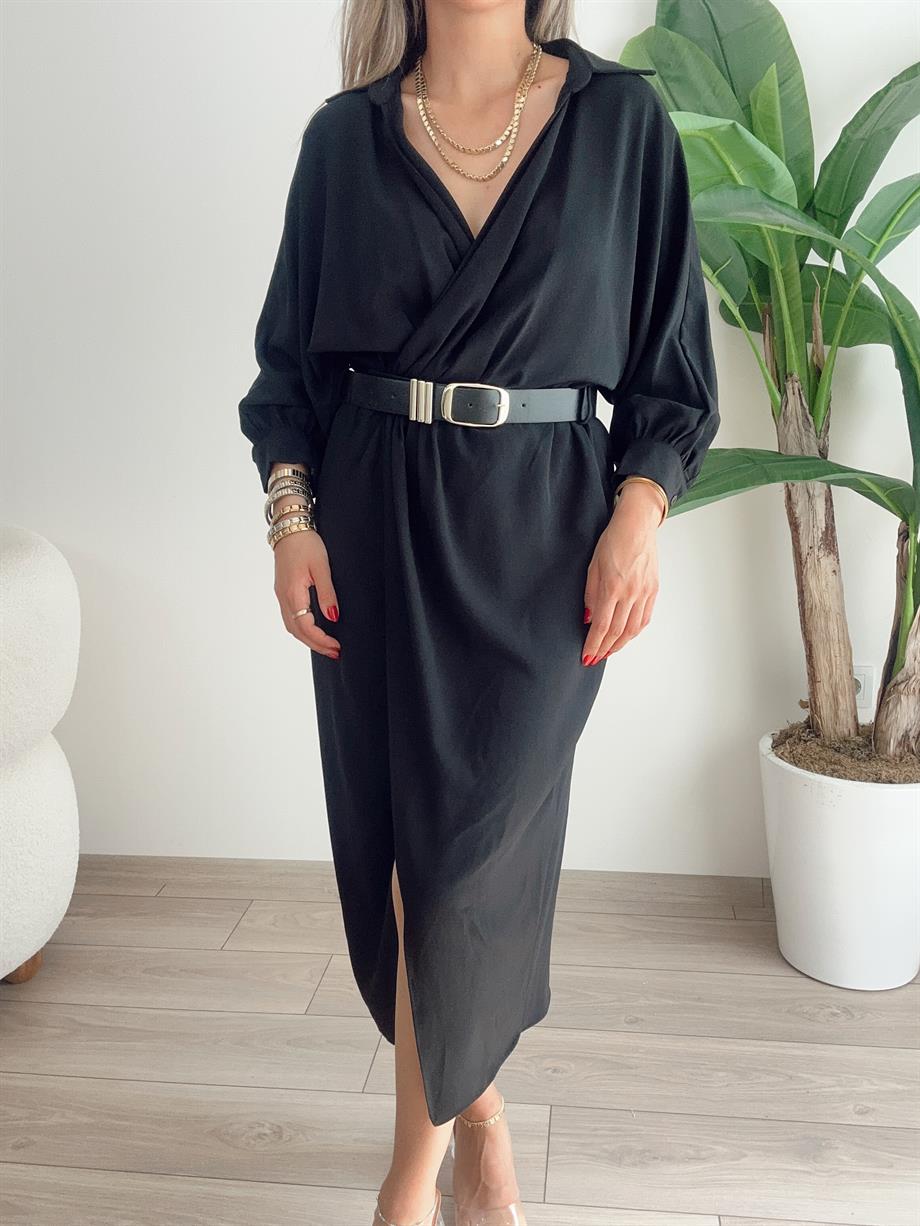 Siyah Kemerli Dokuma Elbise