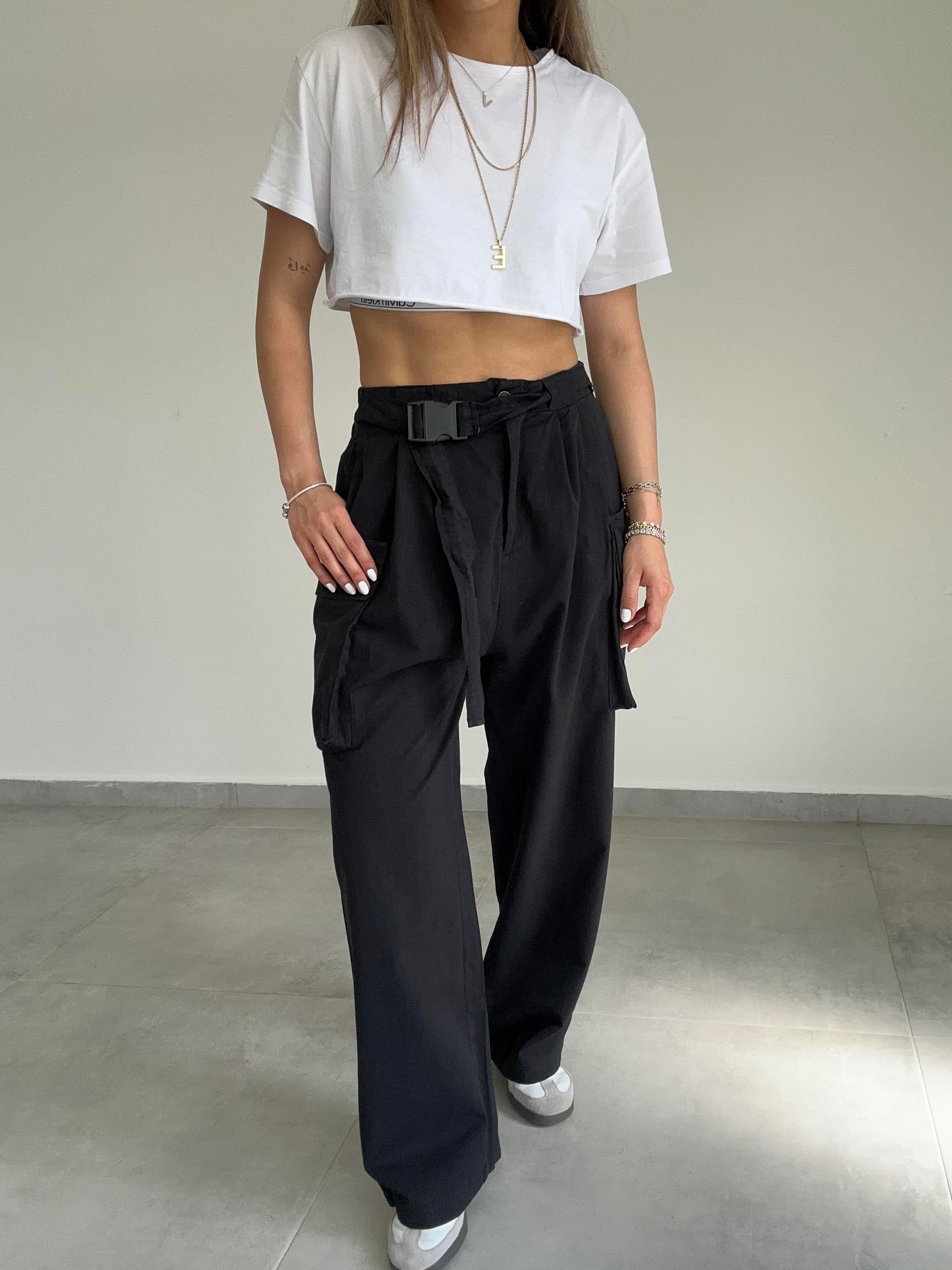 Siyah Kemerli Kargo Pantolon