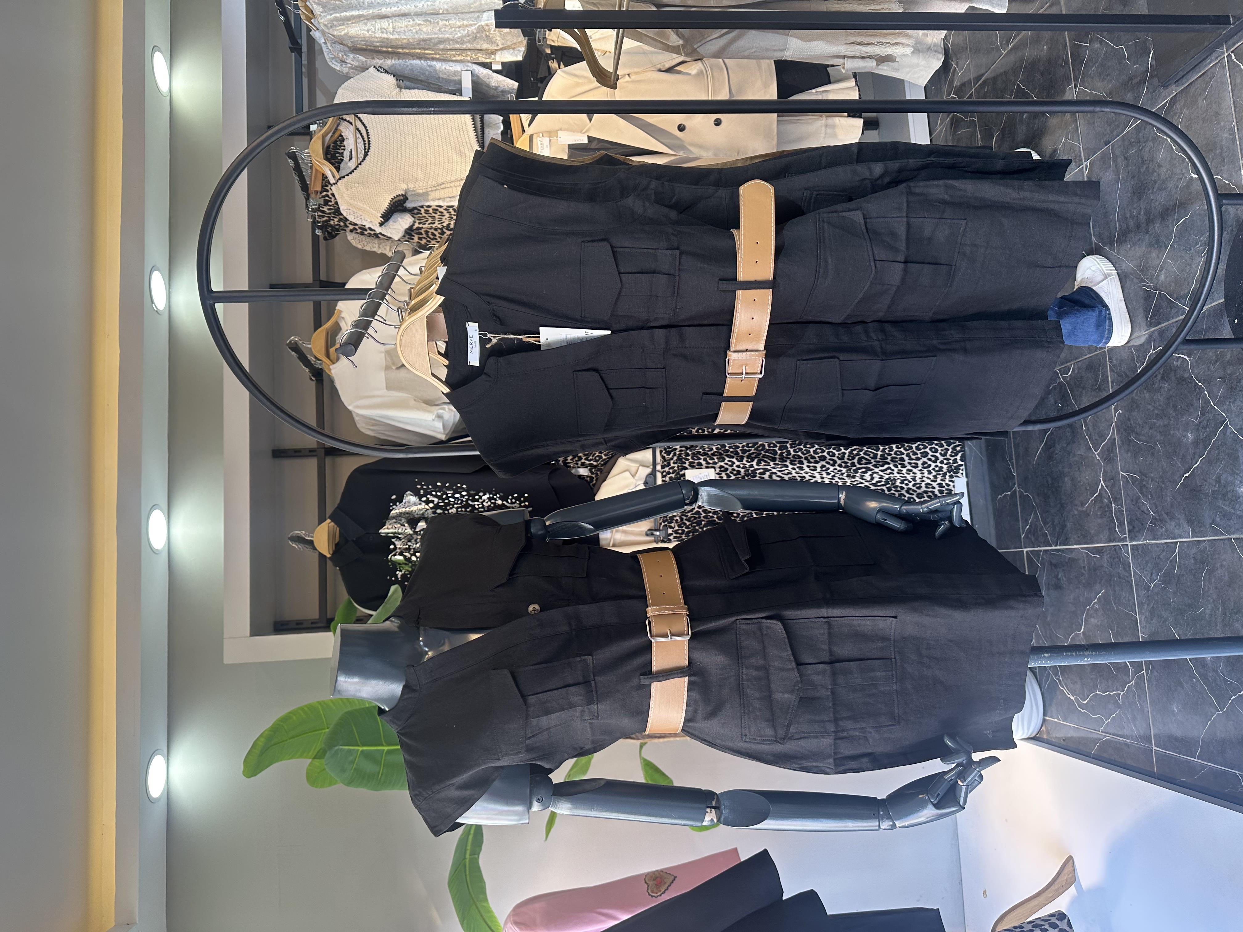 Siyah Keten Kemerli Elbise