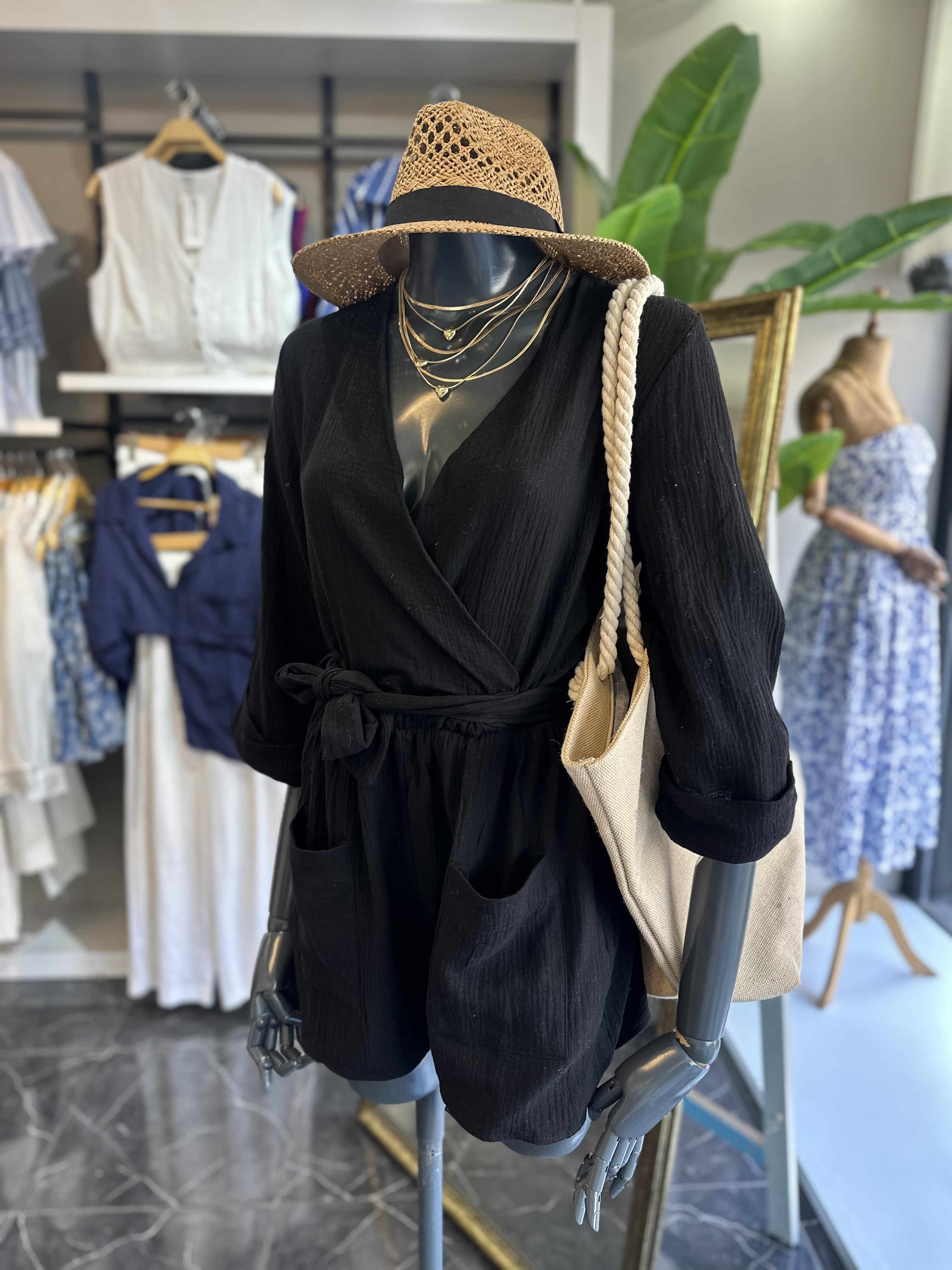 Siyah Keten Kruvaze Tulum