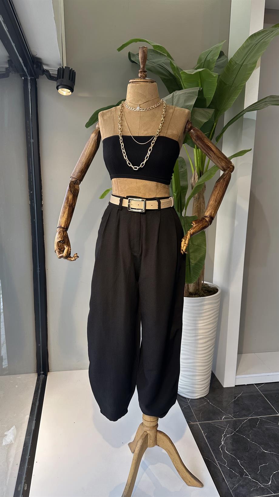 Siyah Keten Şalvar Pantolon