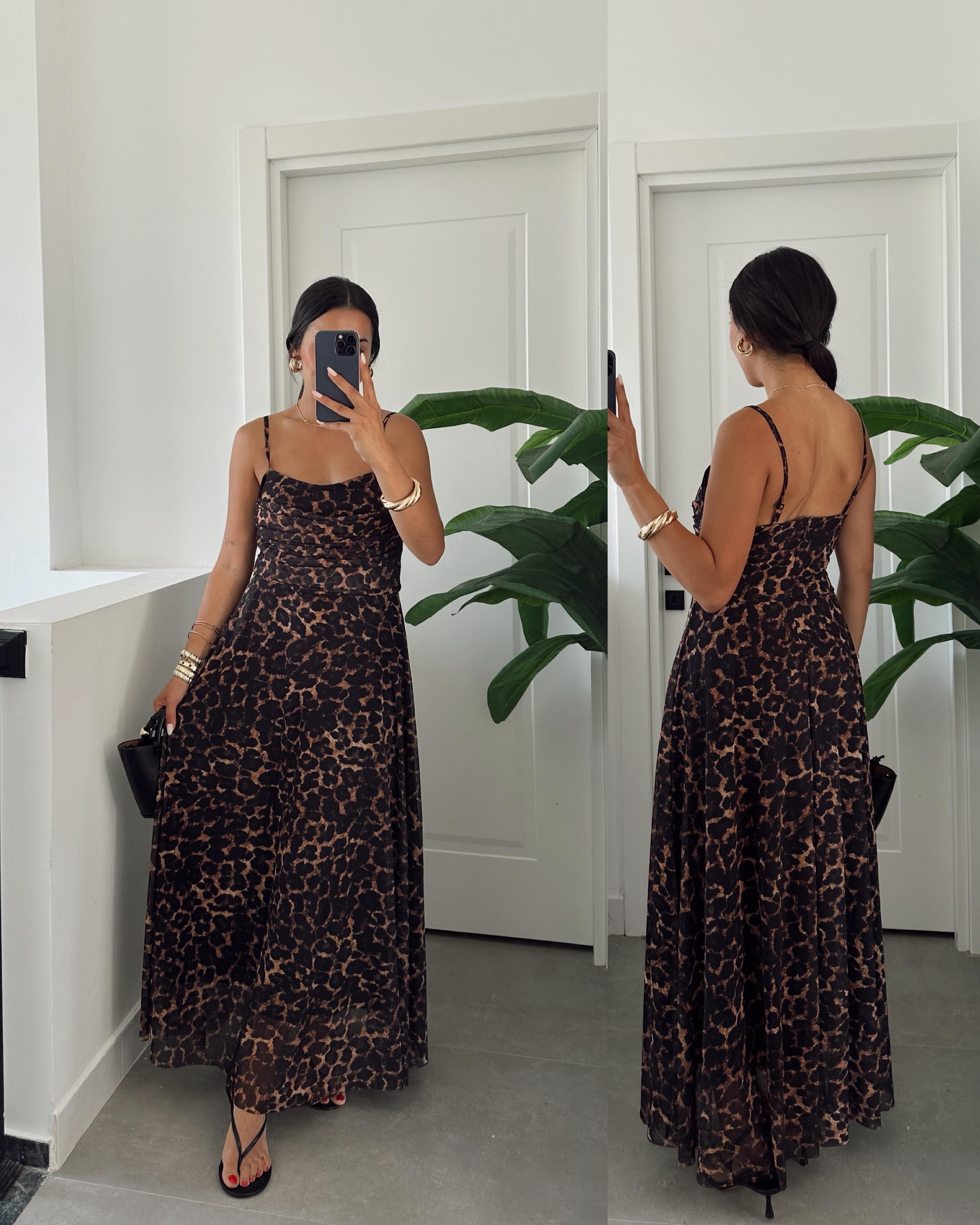 Siyah Leopar Desen Askılı Elbise