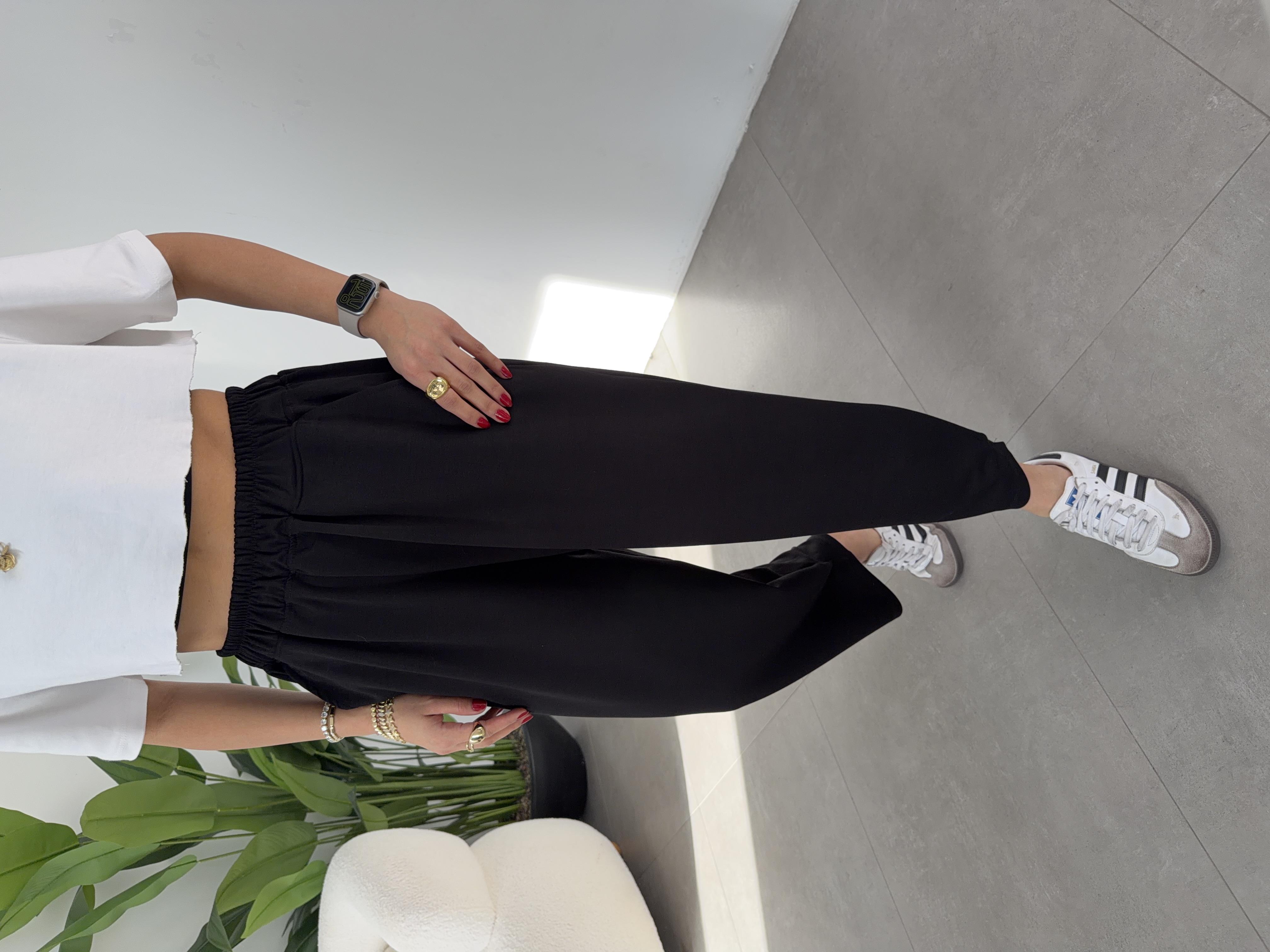 Siyah Modal Kumaş Paça Tutturmalı Pantolon