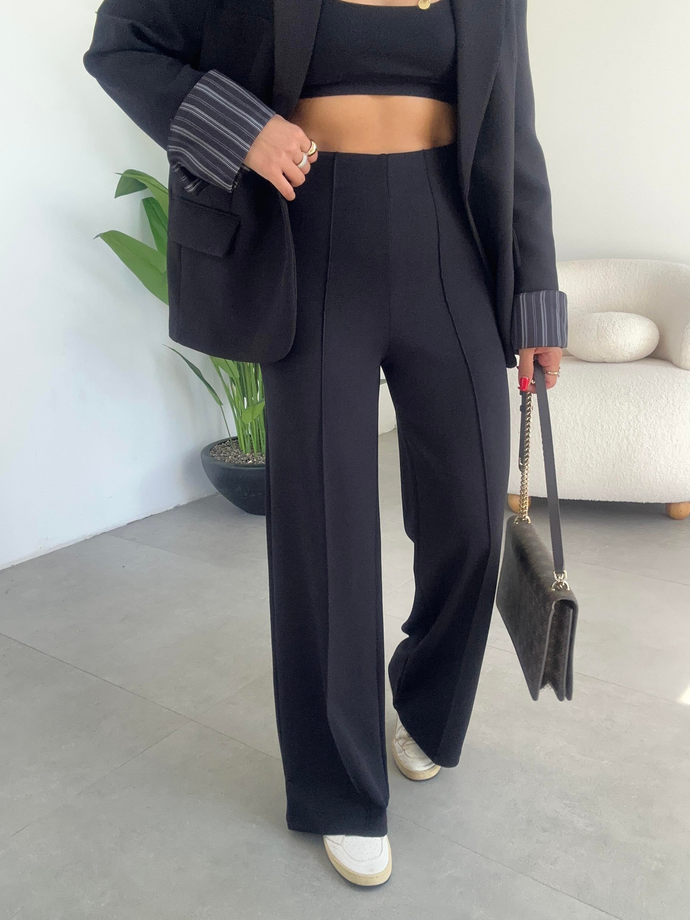 Siyah Modal Önü Çimalı Palazzo Pantolon