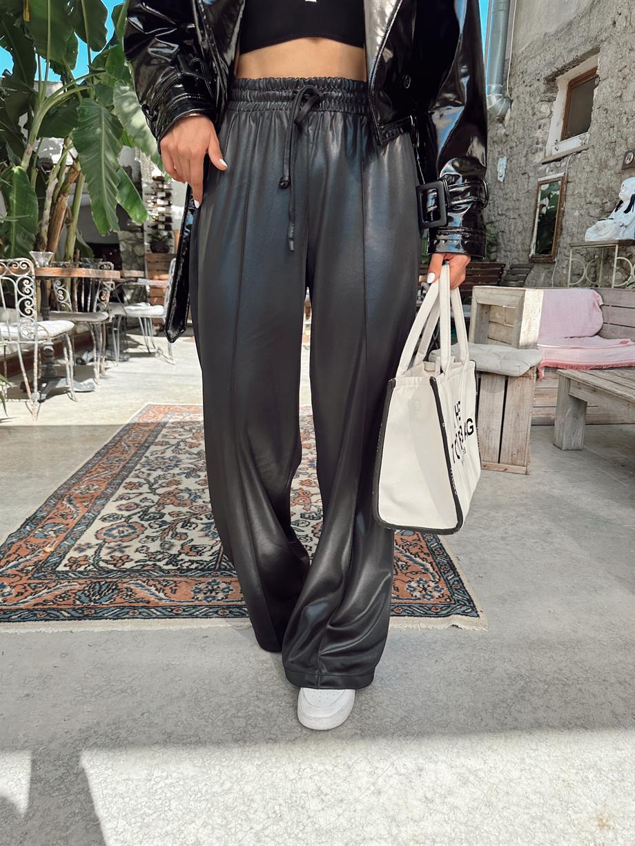 Siyah Örme Deri Pantolon