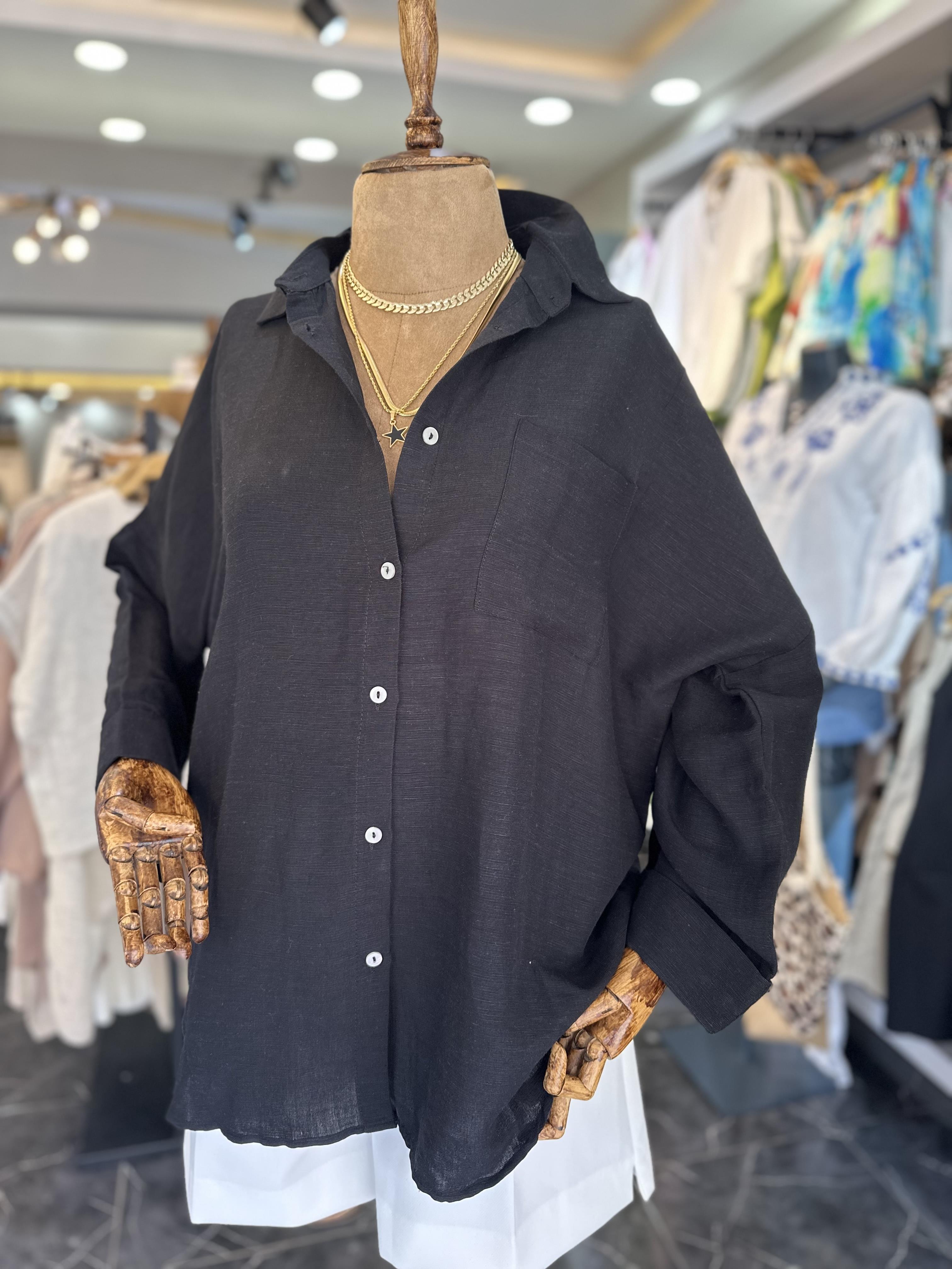 Siyah Oversize Keten Gömlek