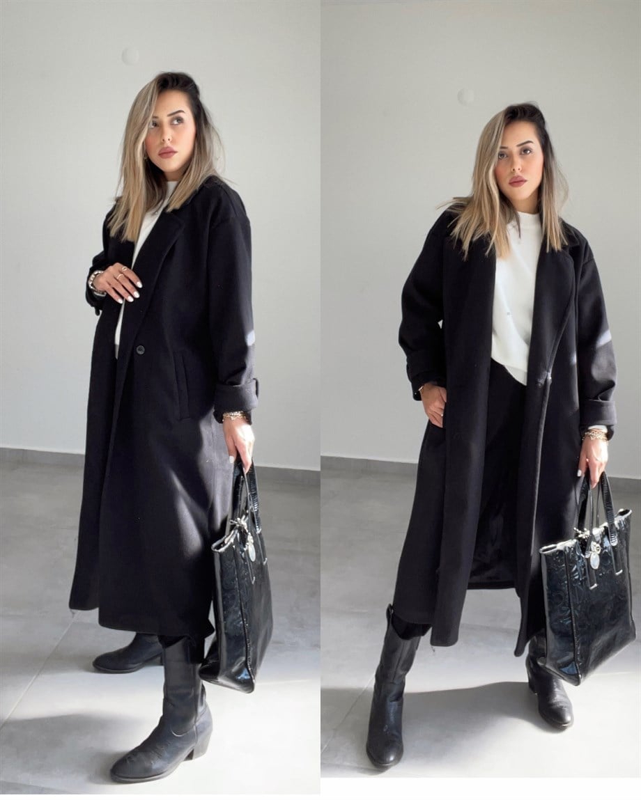 Siyah Oversize Kruvaze Kaban