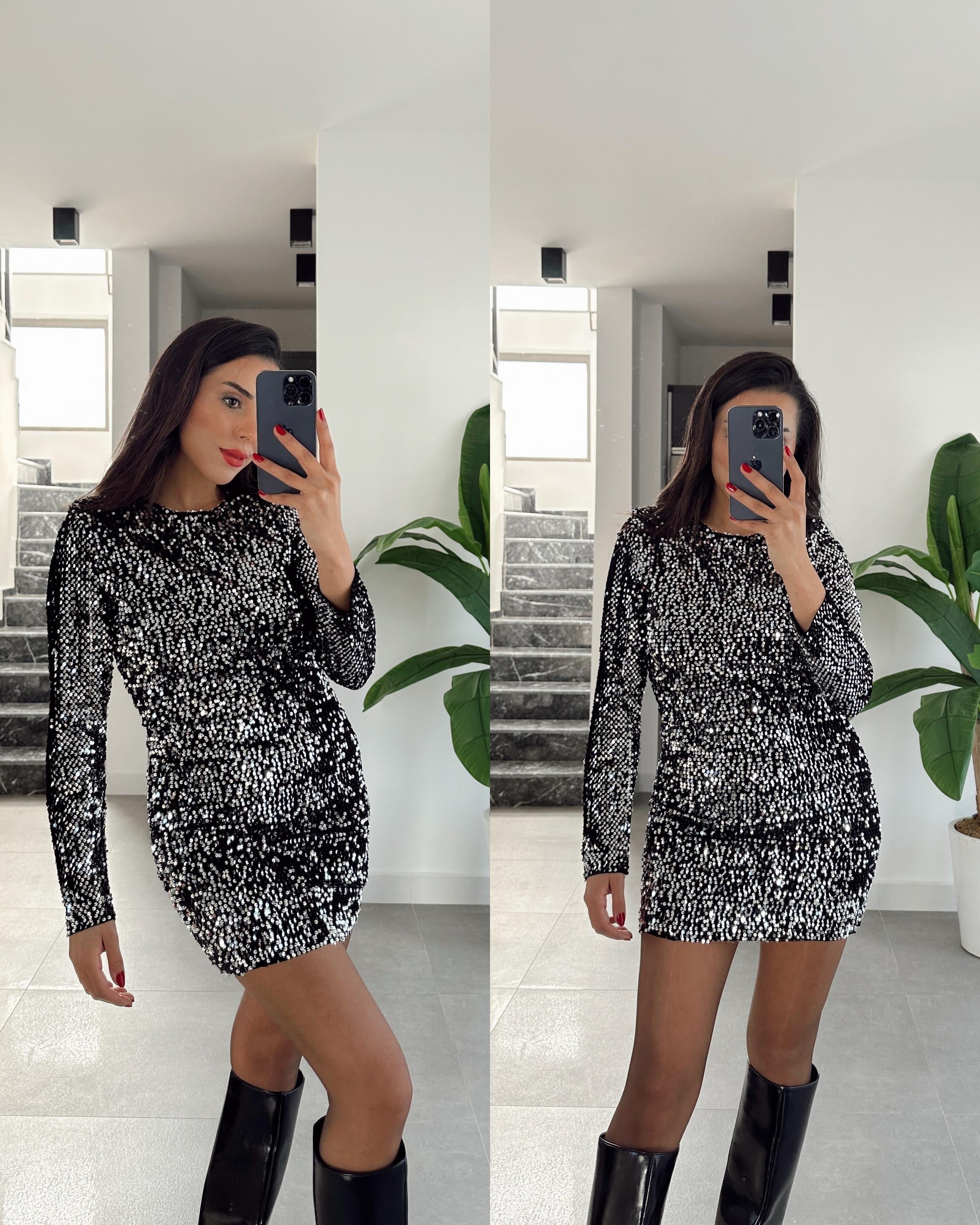 Siyah Payetli Strec Elbise