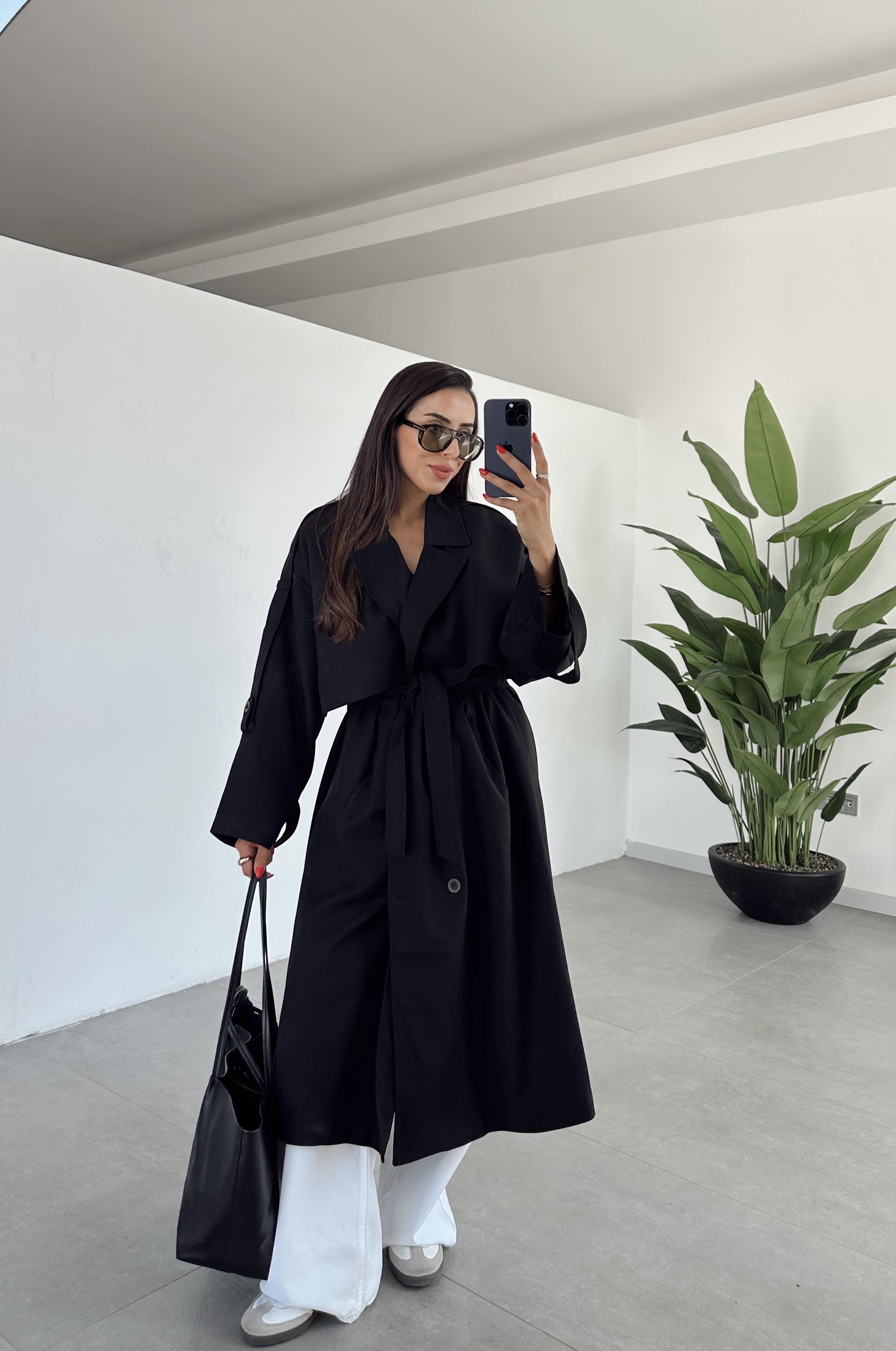 Siyah Poliviskon Trençkot