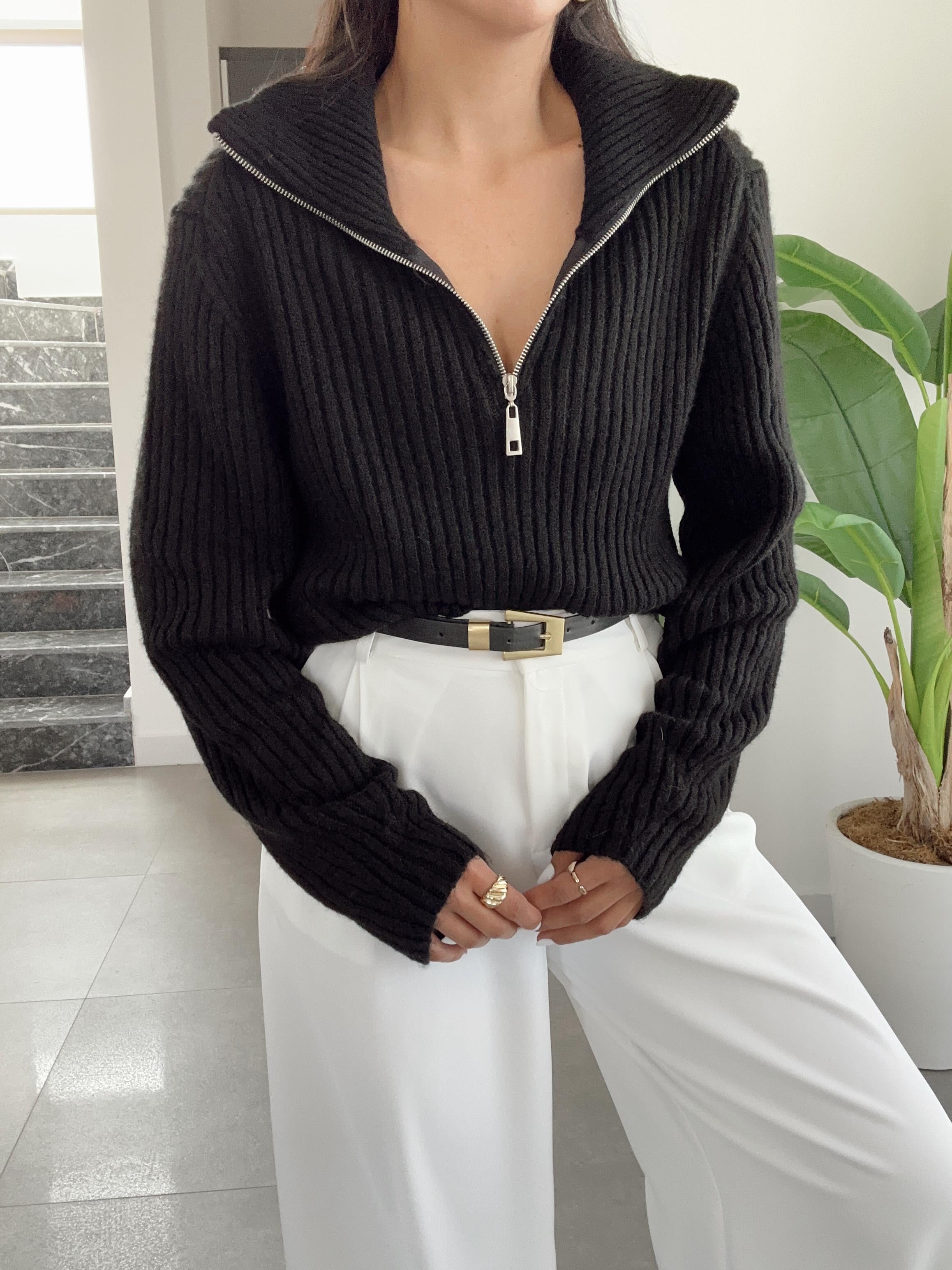 Siyah Polo Yaka Fermuarlı Triko Kazak