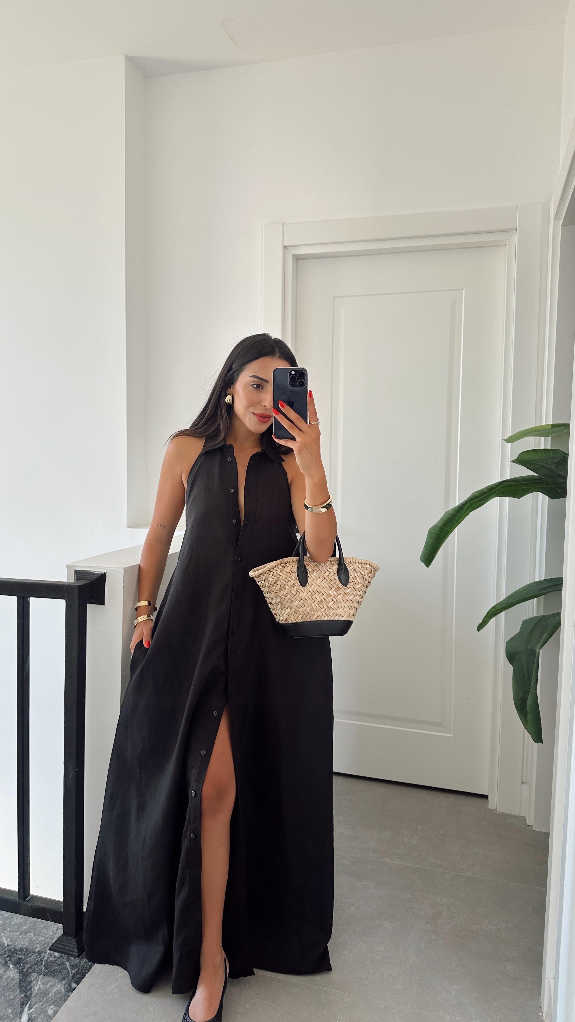 Siyah Premium Ham Keten Sırt Dekolteli Zr Elbise