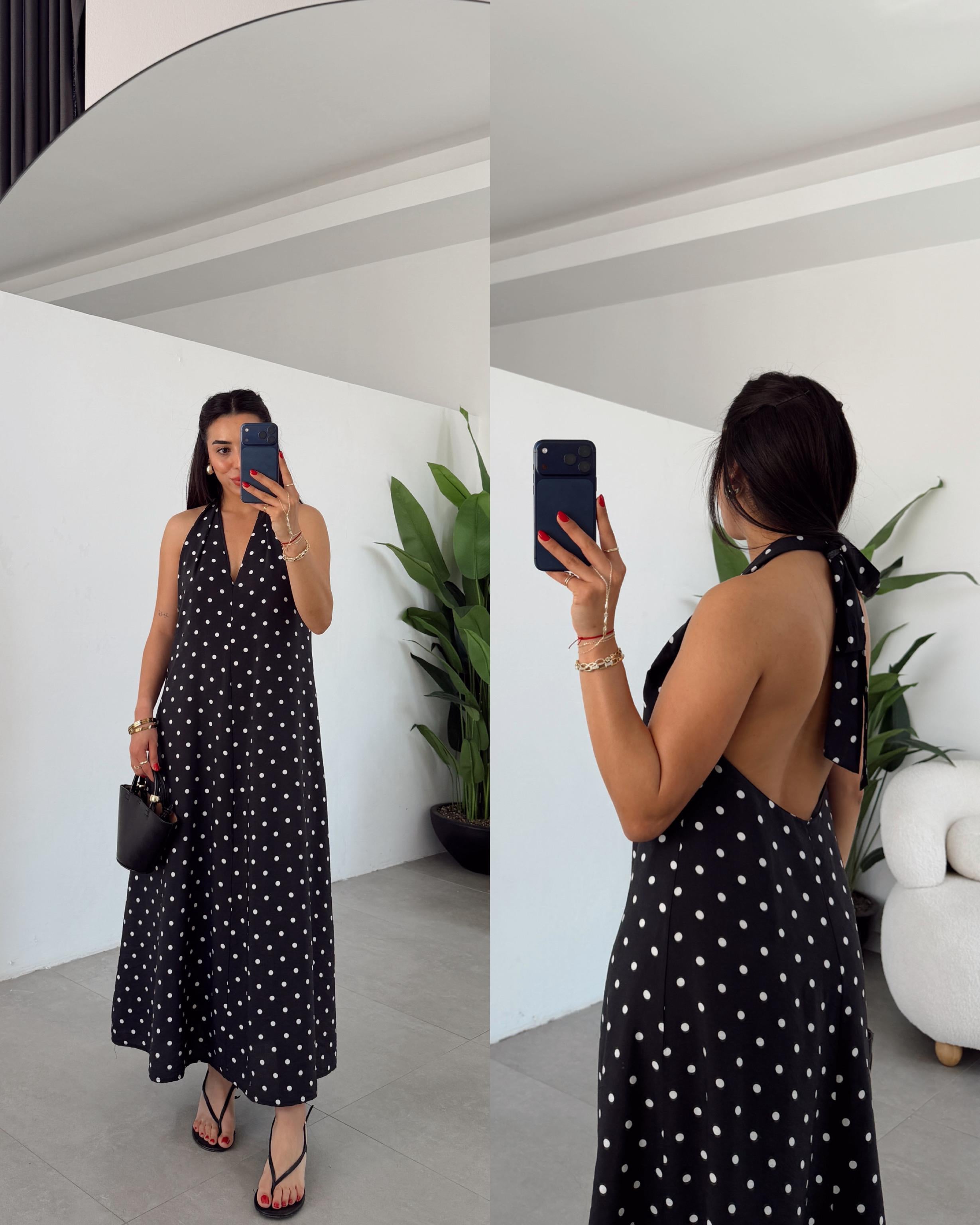 Siyah Puantiyeli Boyundan Bağlamalı Sırt Detay Elbise