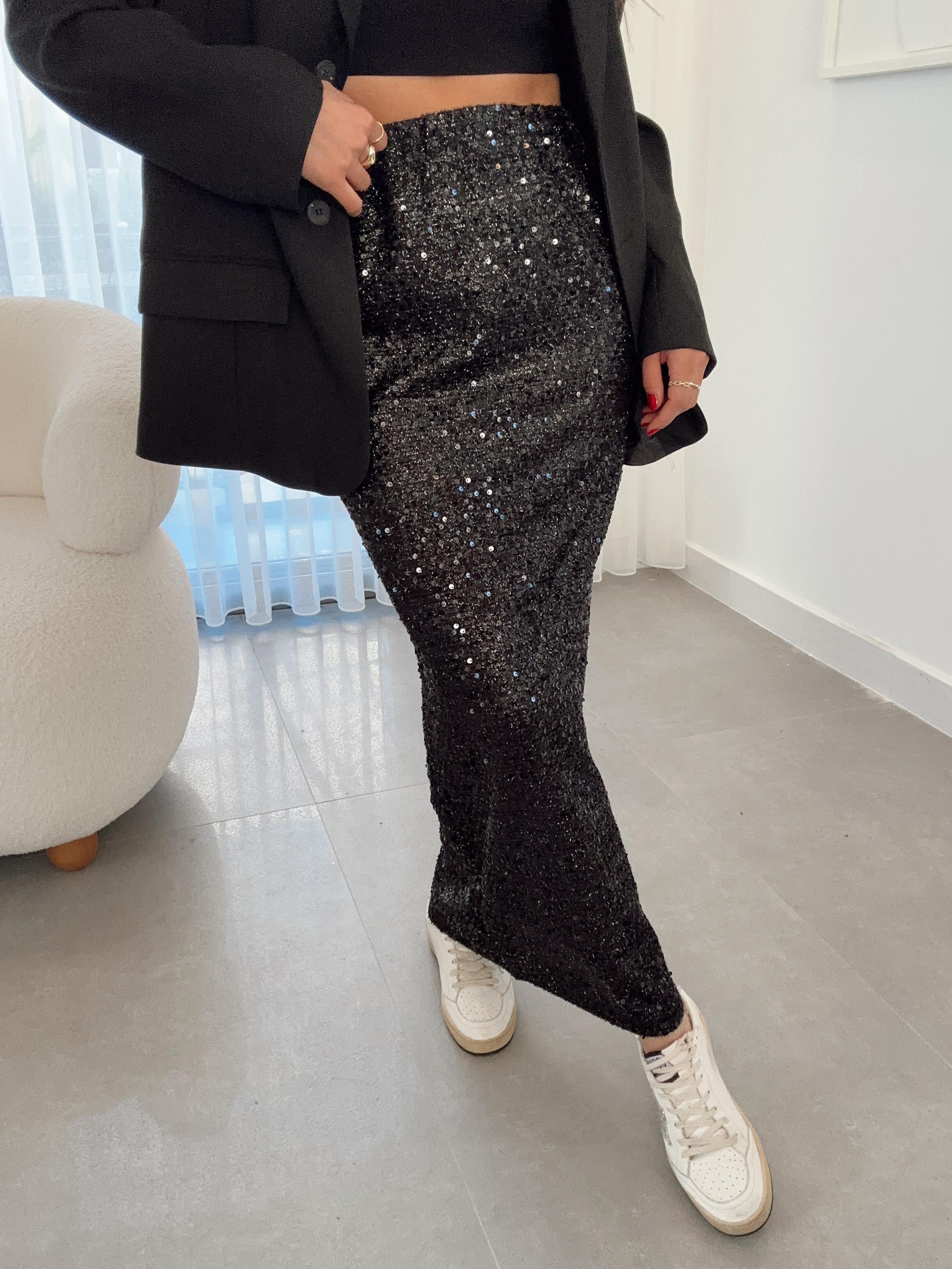 Siyah Pul Payetli Midi Etek