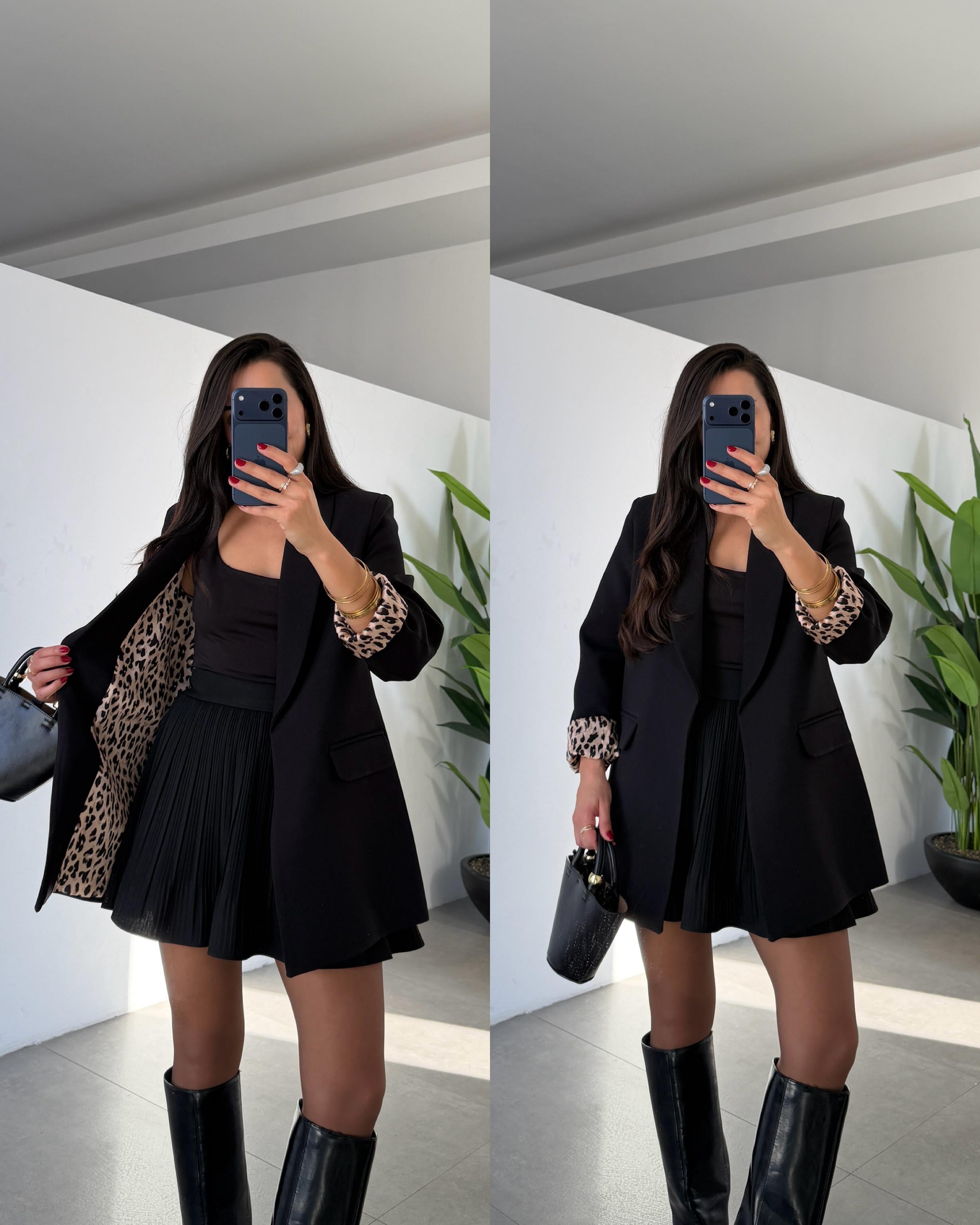 Siyah Şal Yaka Leopar Astarlı Blazer