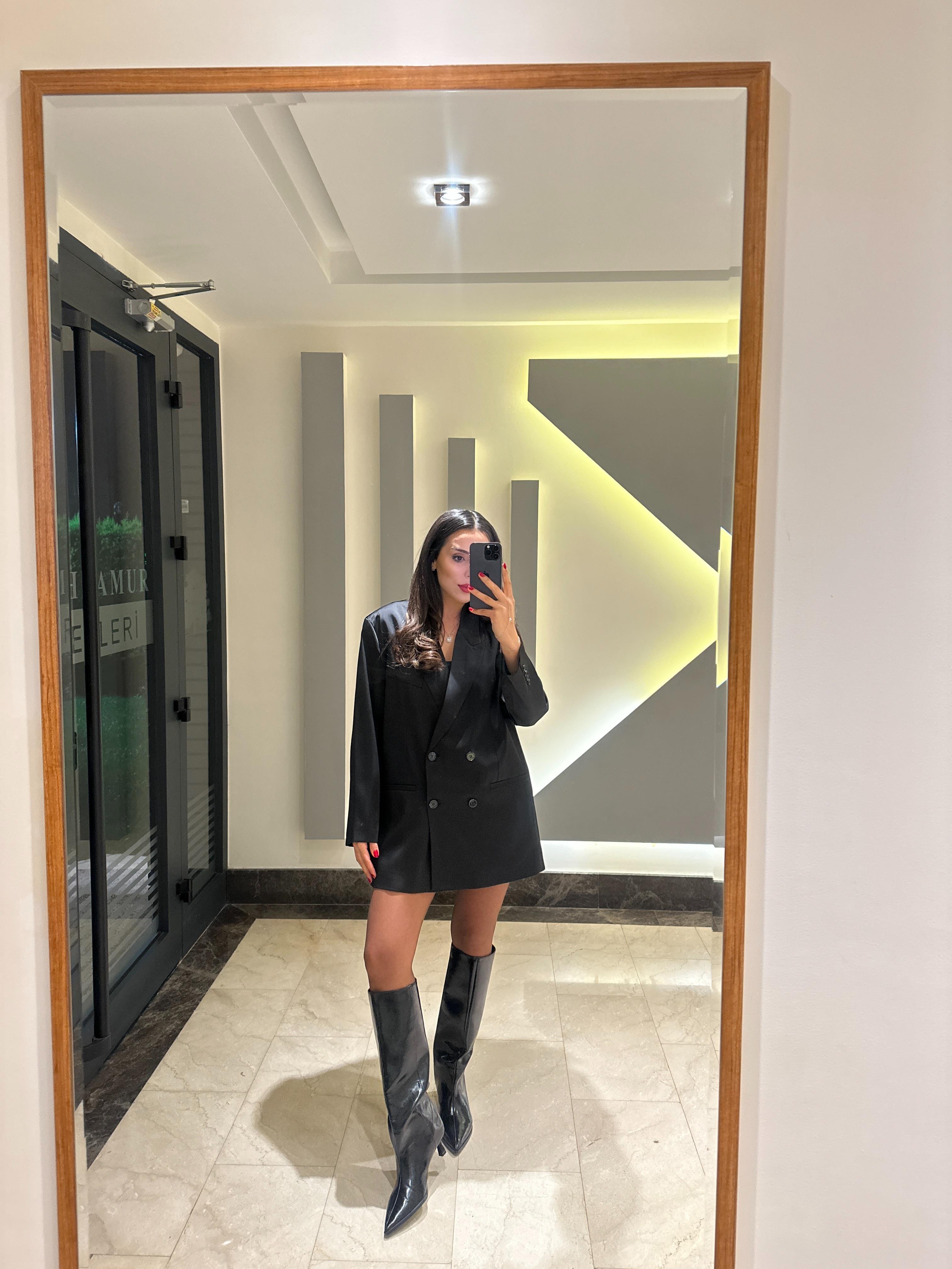 Siyah Saten Kruvaze Blazer Ceket