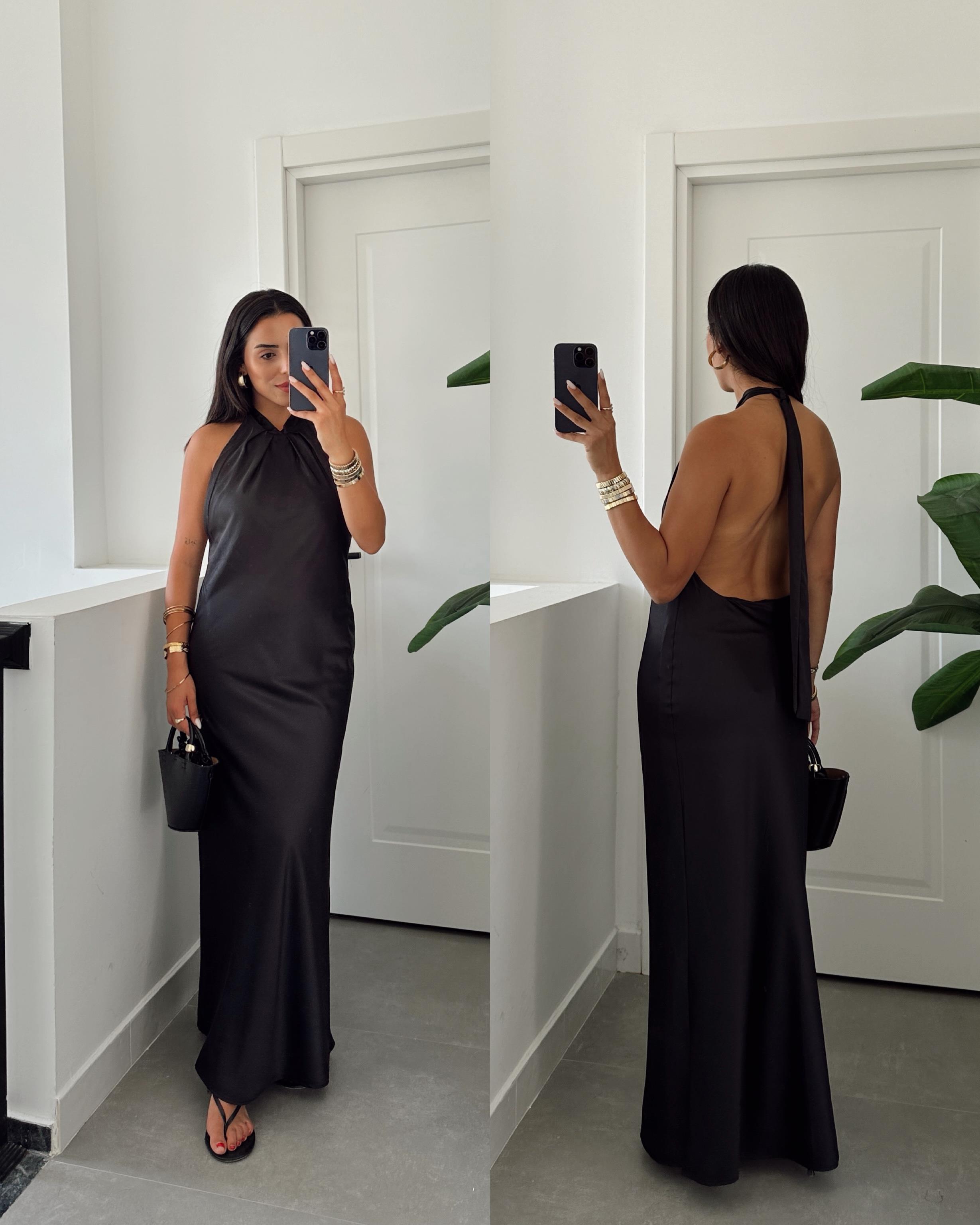 Siyah Saten Sırt Dekolteli Elbise