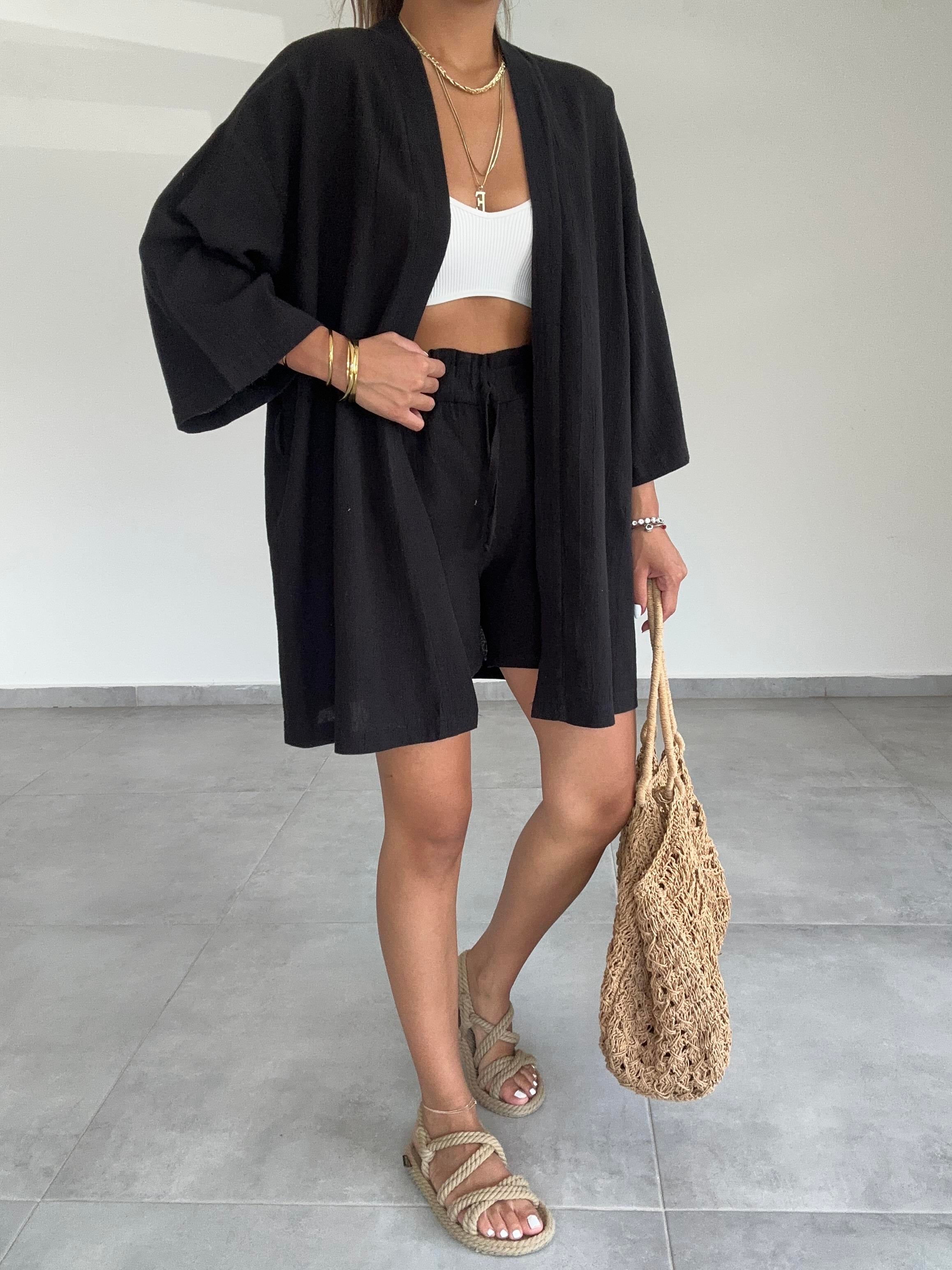 Siyah Şile Şortlu Kimono Takım
