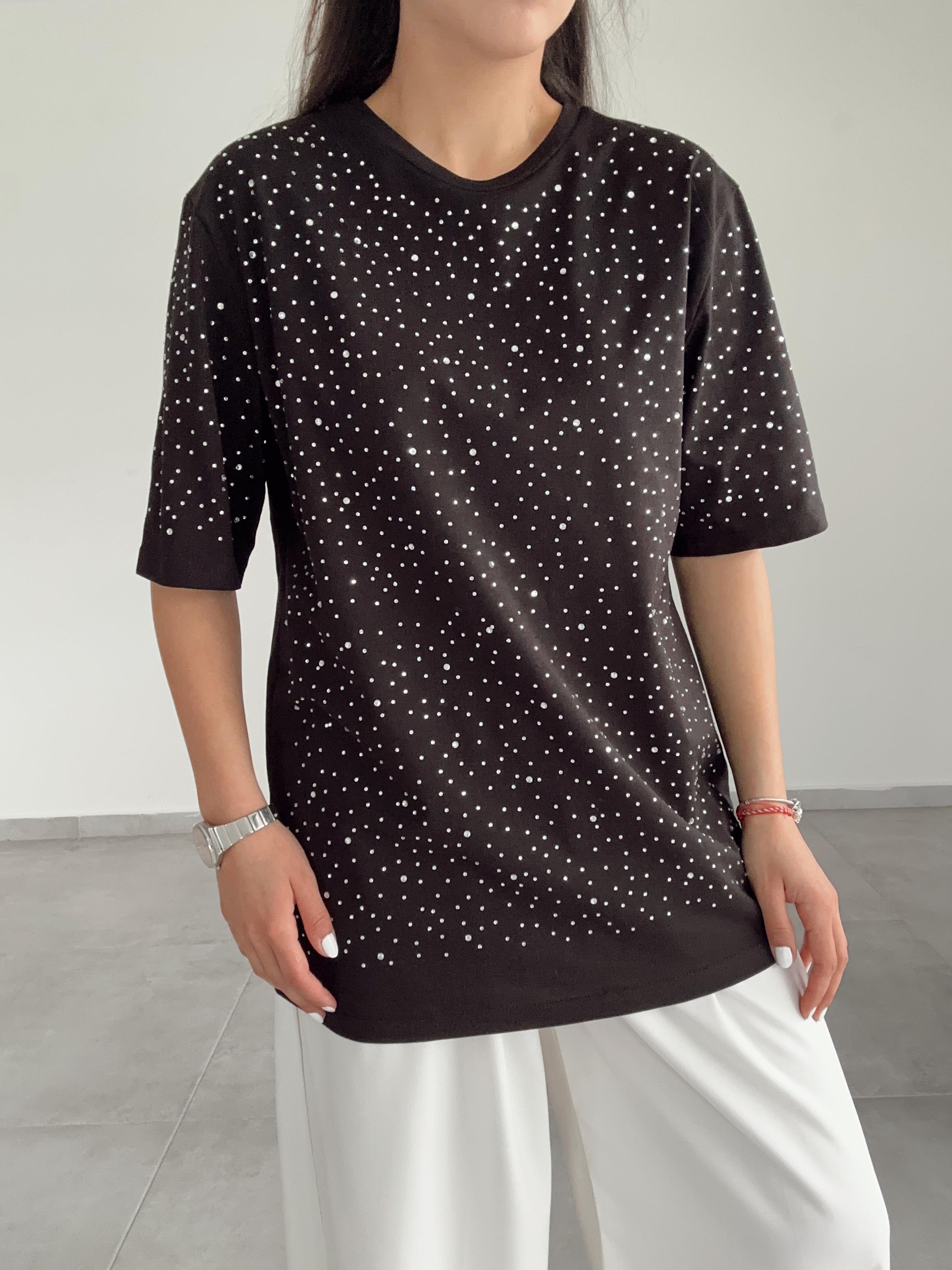 Siyah Taşlı Baskılı Tişört
