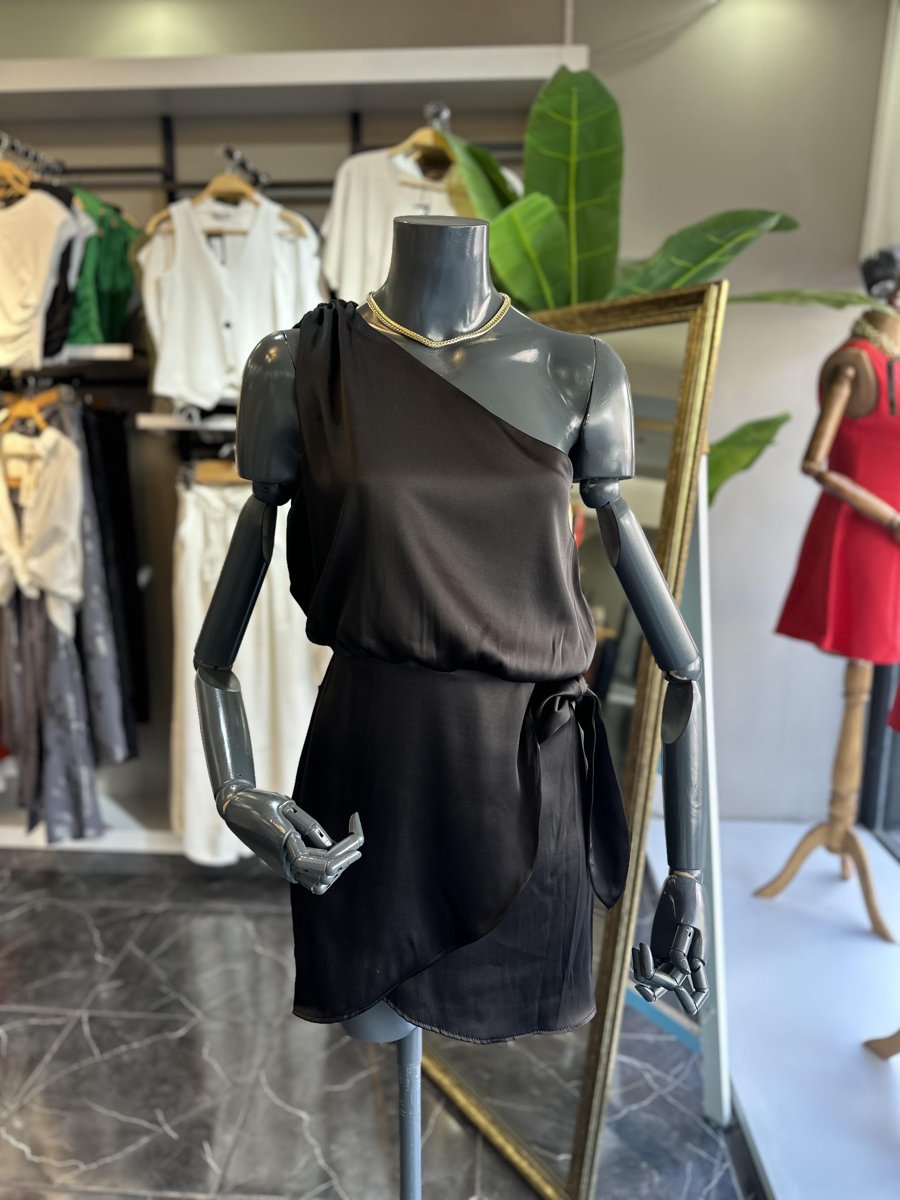 Siyah Tek Omuz Anvelop Mini Elbise