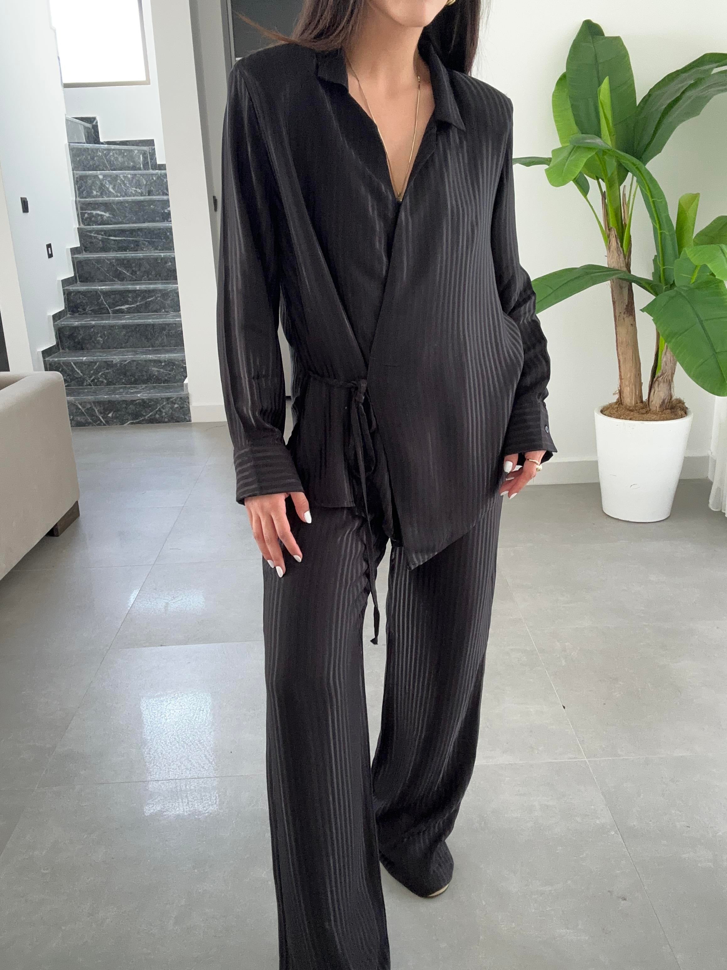 Siyah Vatkalı Çizgili Kimono Takım