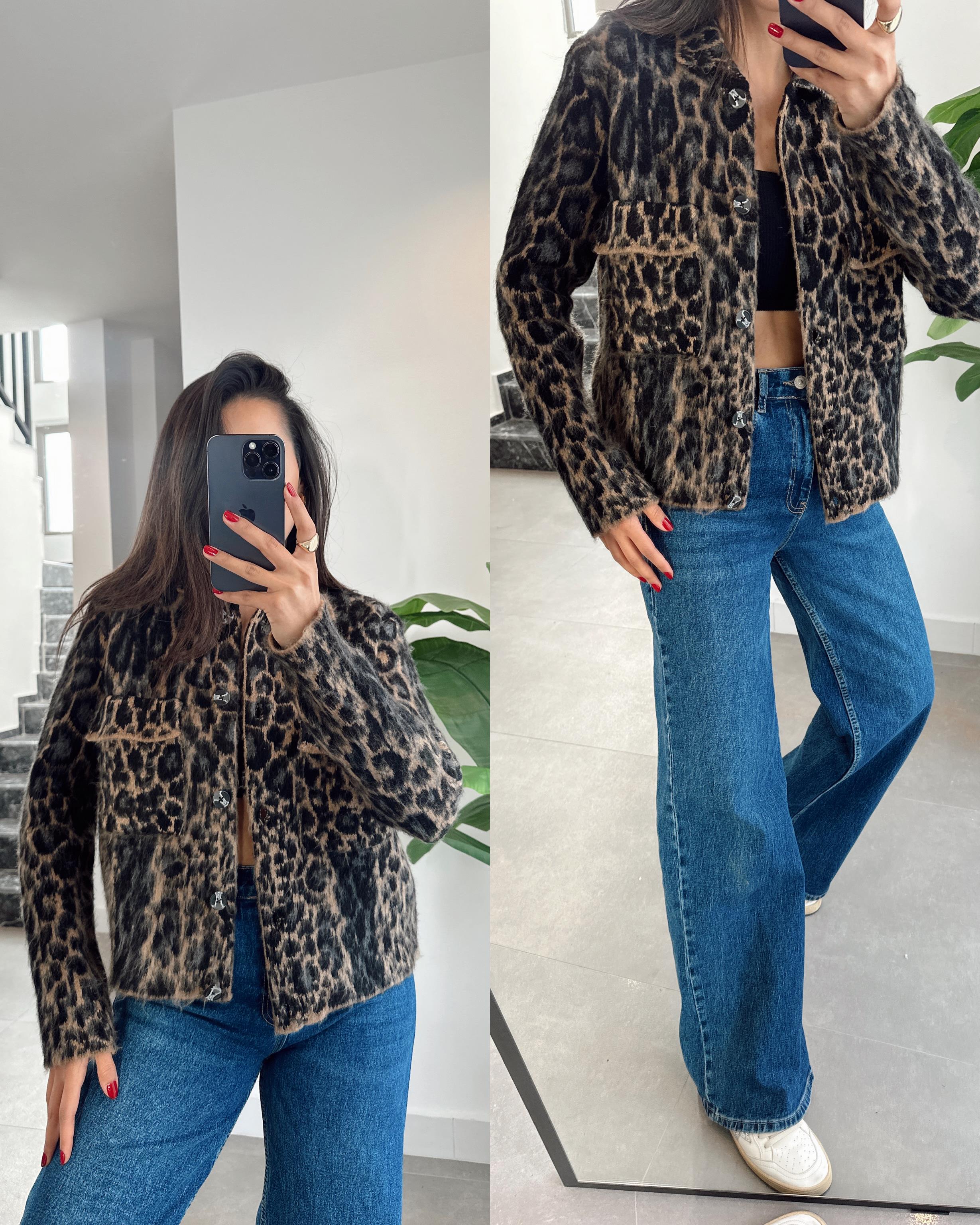 Siyah-Vizon Leopar Desen Jakarlı Hırka