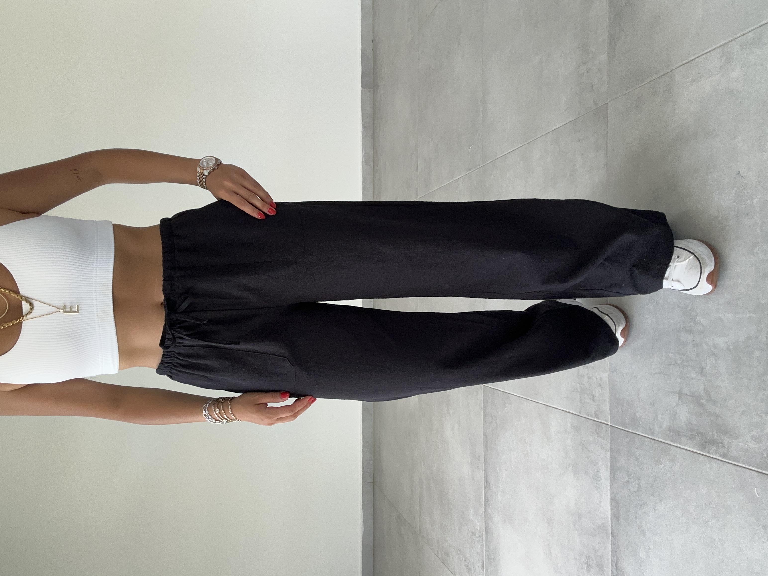 Siyah Yama Cepli Bol Paça Keten Pantolon