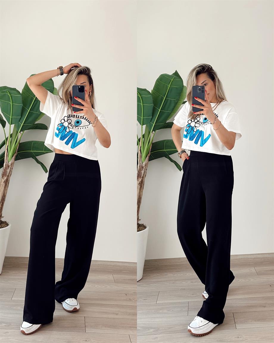 Siyah Yandan Fermuarlı Pileli Palazzo